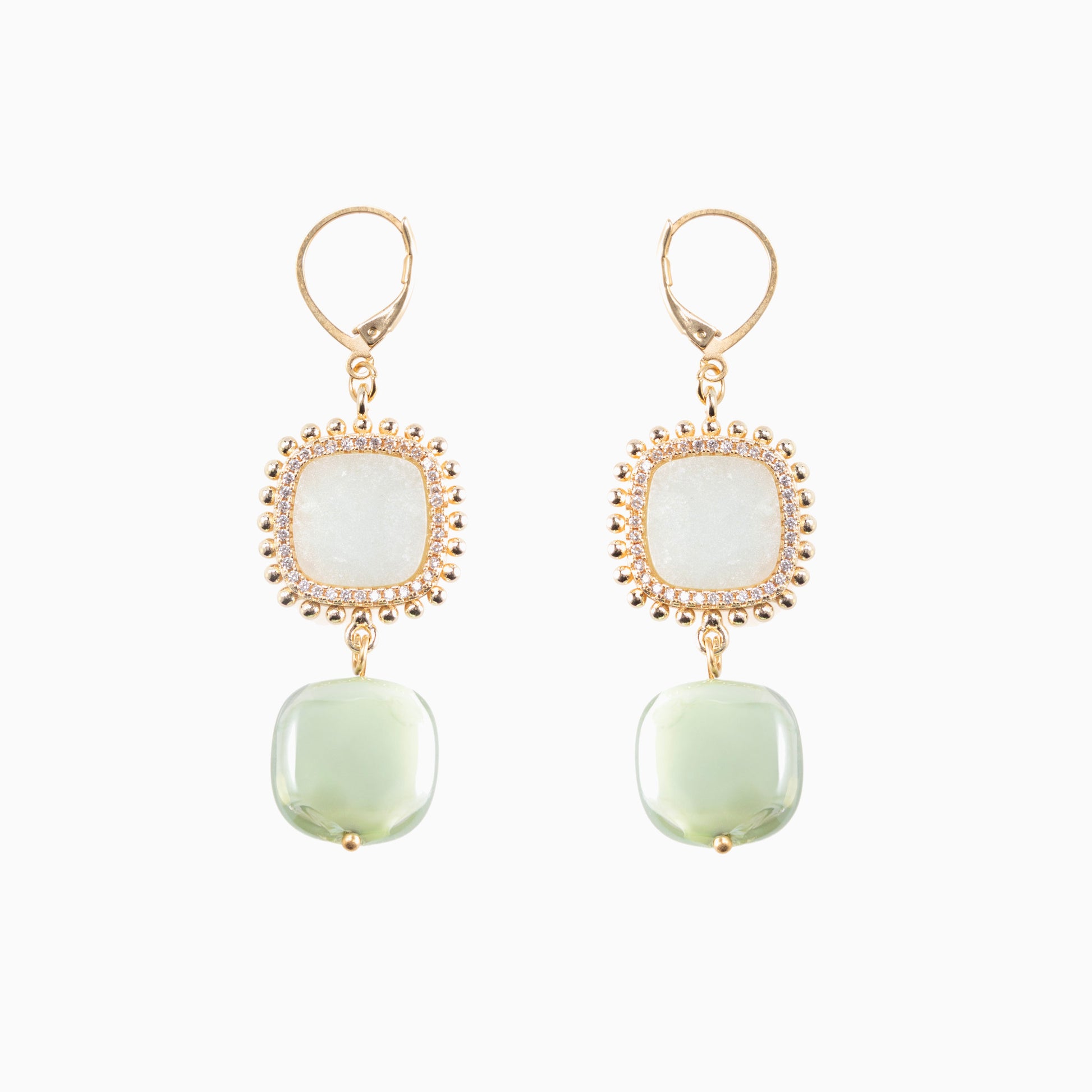 Bloom Murano glass drop earrings with Carnelian, Agate or Amazonite stones and brass components, 18KT Gold Finish, 2.4 inches, handcrafted in Venice, Italy.