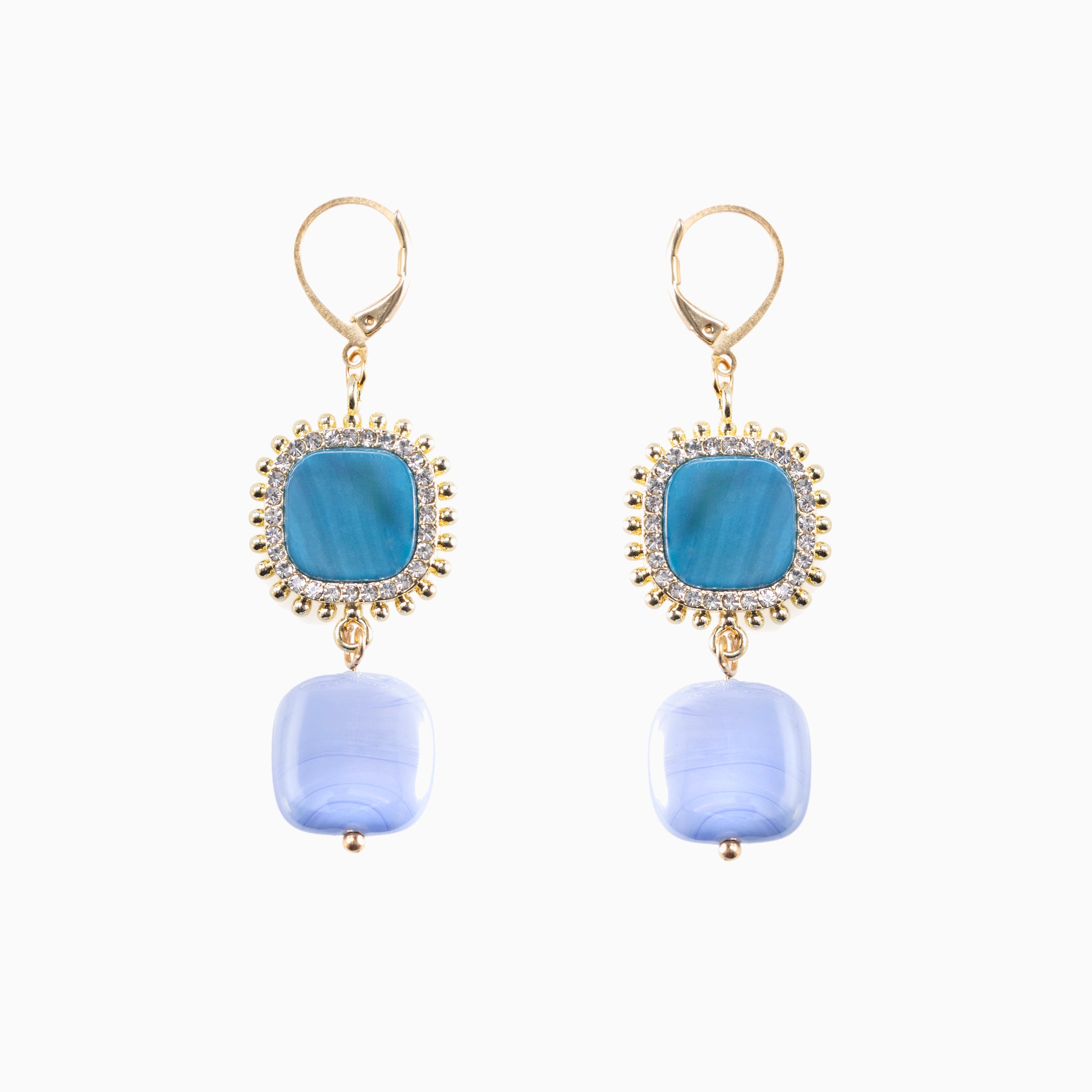 Bloom Murano glass drop earrings with Carnelian, Agate or Amazonite stones and brass components, 18KT Gold Finish, 2.4 inches, handcrafted in Venice, Italy.