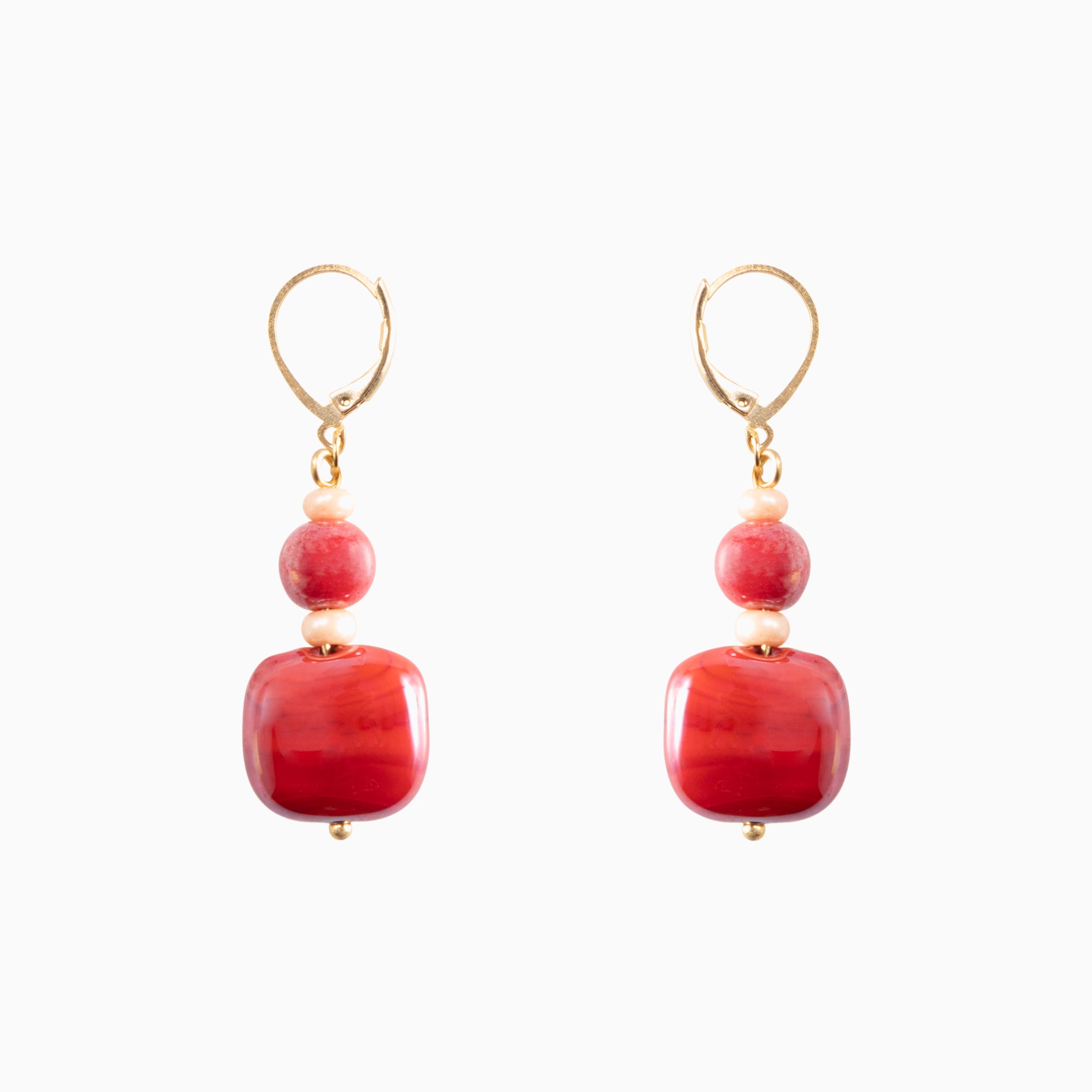 Bloom Murano glass drop earrings with carnelian stone and brass components, 18KT Gold Finish, 2 inches, handcrafted in Venice, Italy.