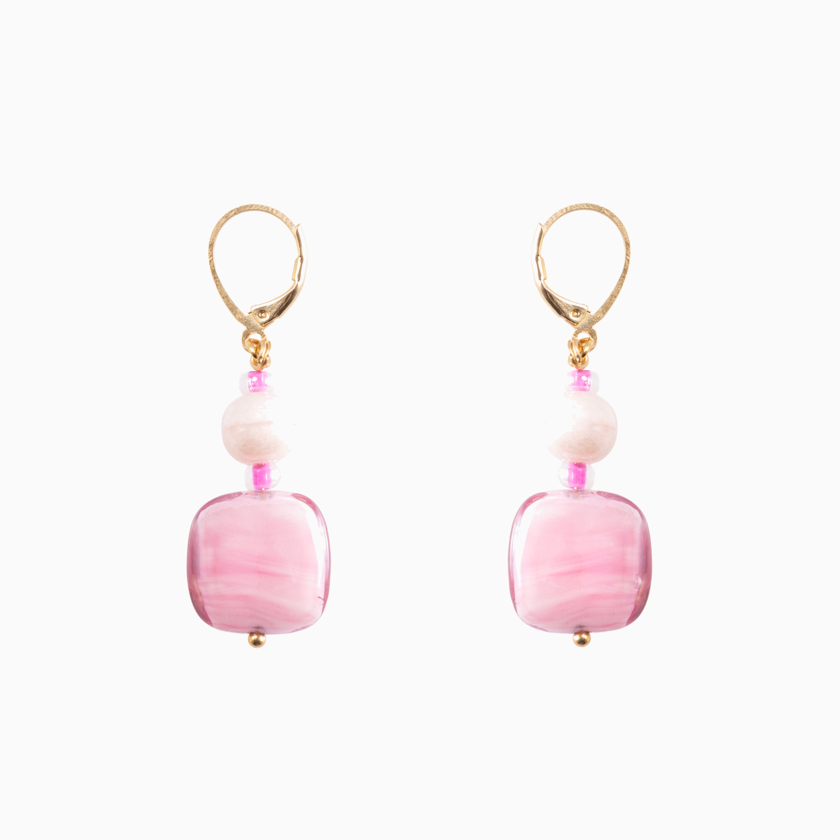 Bloom Murano glass drop earrings with carnelian stone and brass components, 18KT Gold Finish, 2 inches, handcrafted in Italy — angled view.