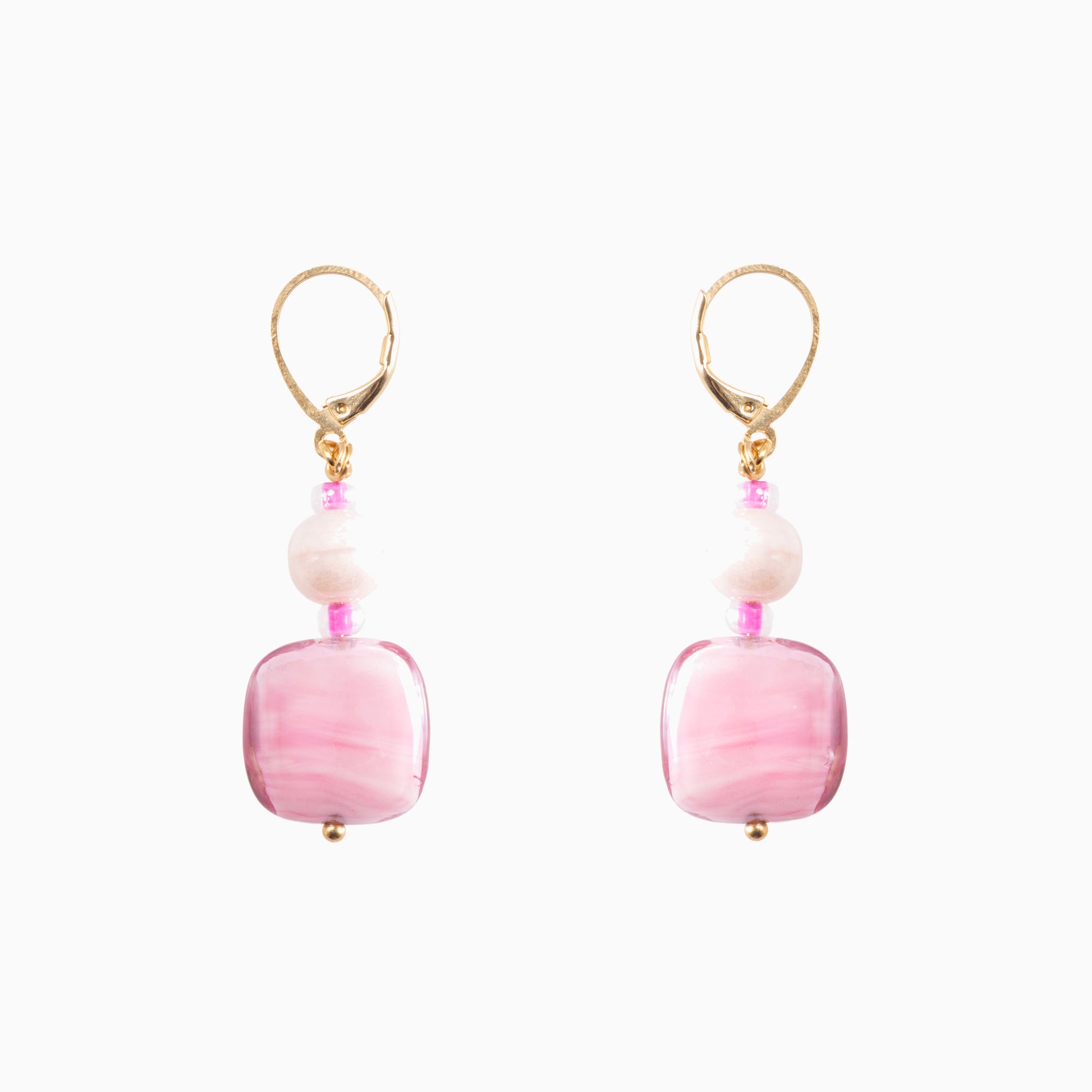 Bloom Murano glass drop earrings with carnelian stone and brass components, 18KT Gold Finish, 2 inches, handcrafted in Venice, Italy.