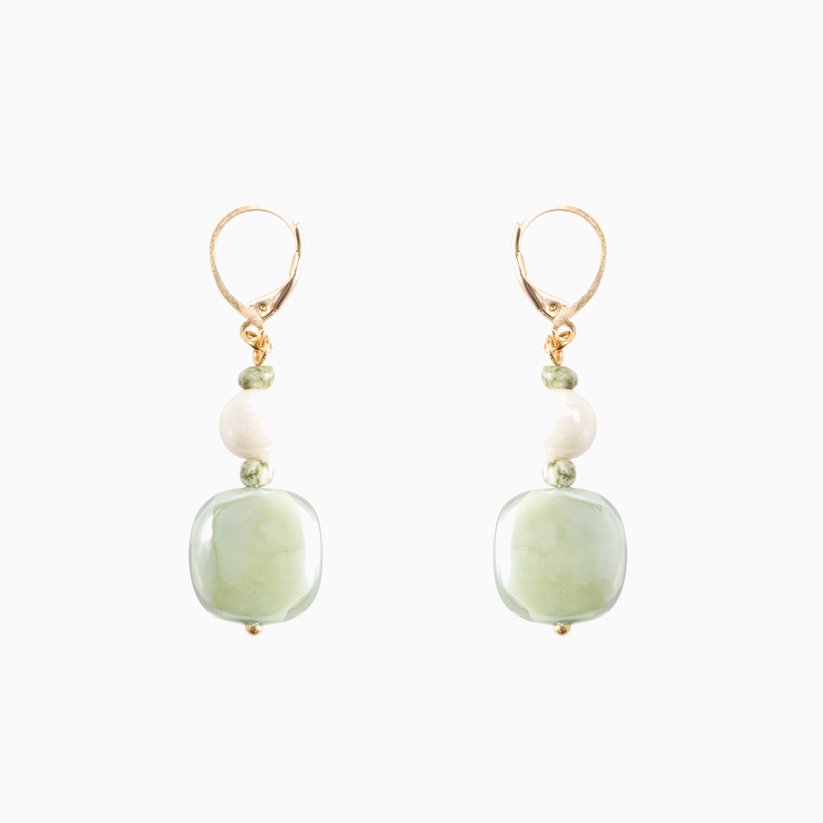 Bloom Murano glass drop earrings with carnelian stone and brass components, 18KT Gold Finish, 2 inches, handcrafted in Italy — side view.