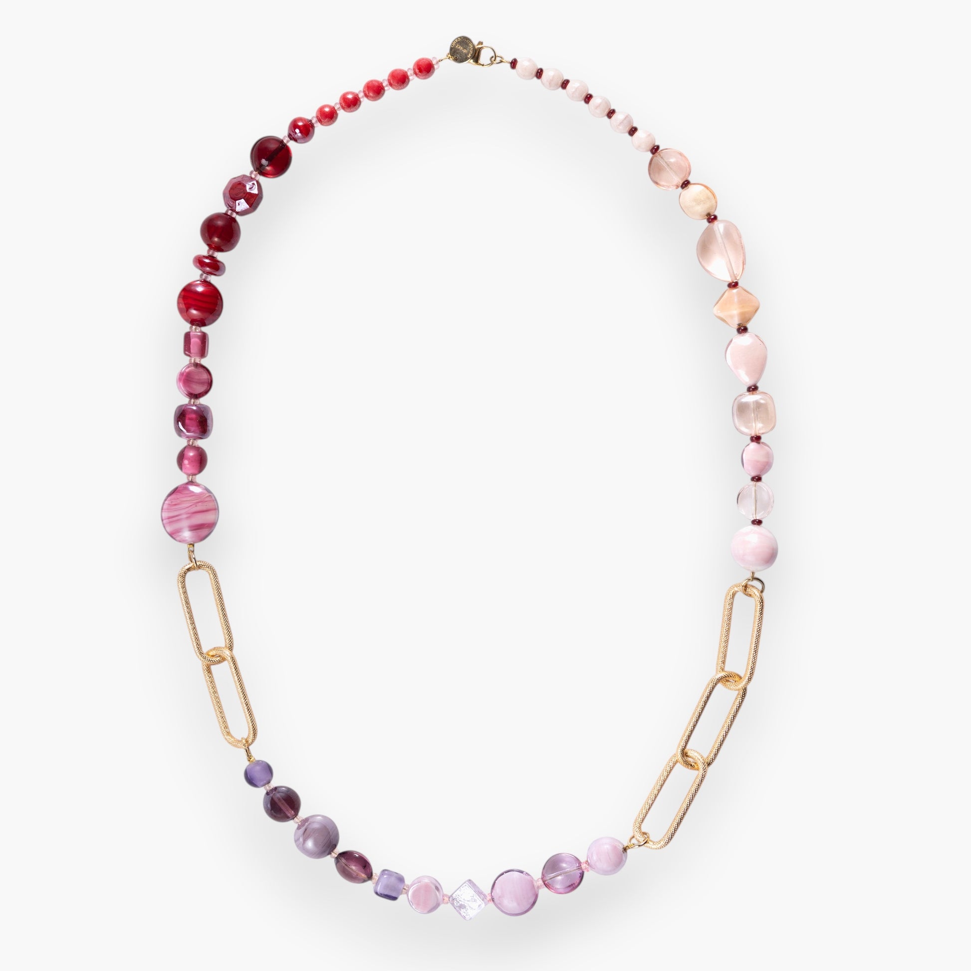 Breeze Murano glass long necklace with link elements, 18KT Gold Finish over brass, handcrafted in Venice, Italy.