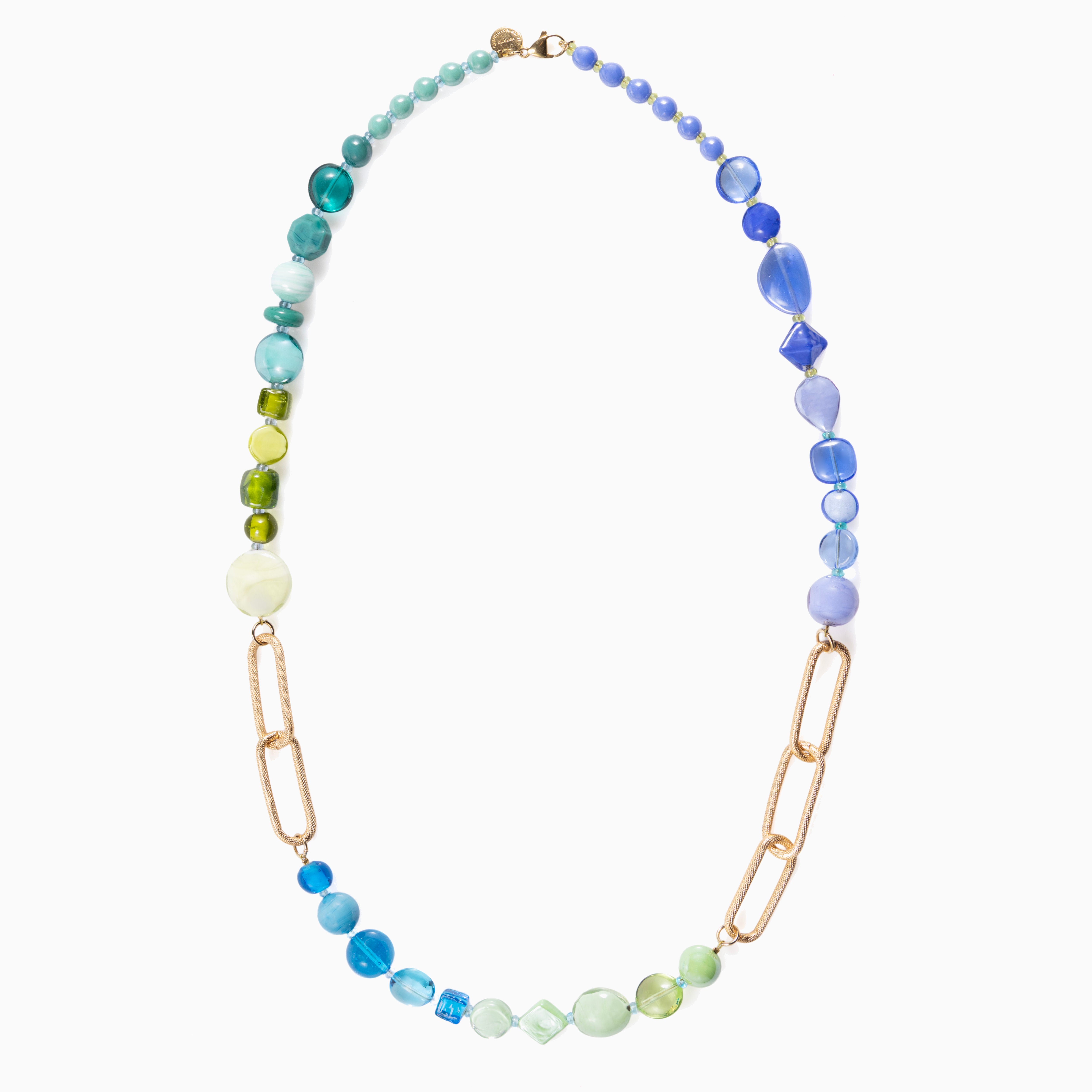 Breeze Murano glass long necklace with link elements, 18KT Gold Finish over brass, handcrafted in Venice, Italy.