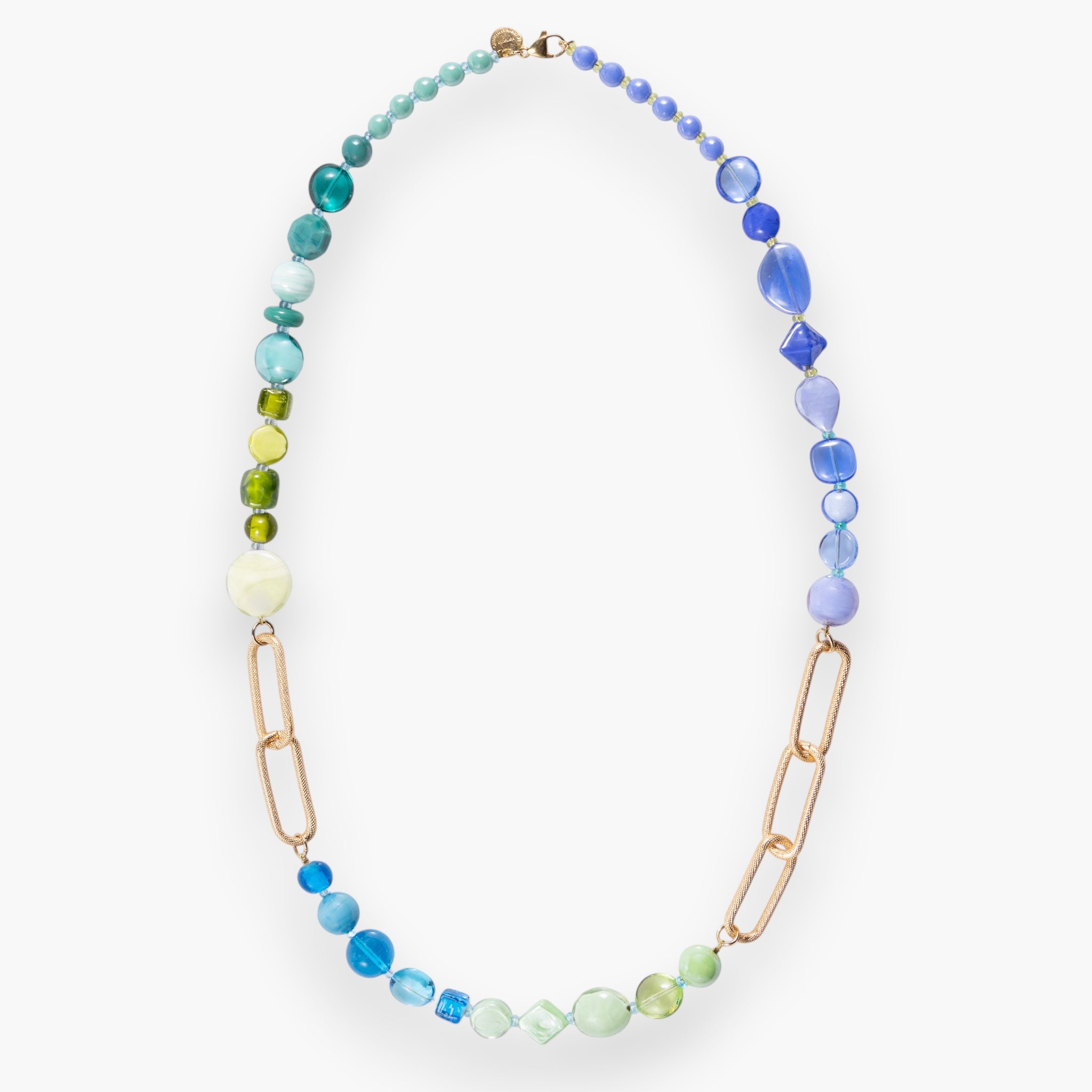 Breeze Murano glass long necklace with link elements, 18KT Gold Finish over brass, handcrafted in Venice, Italy.