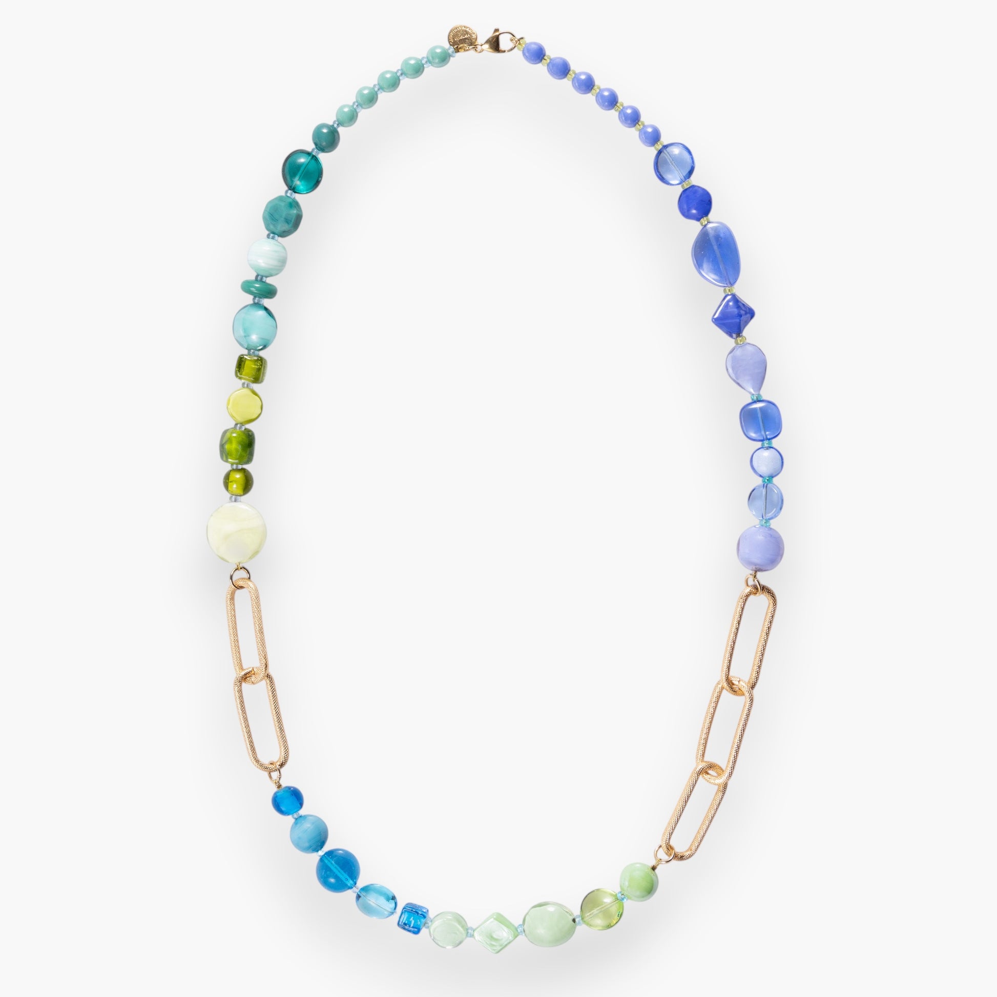 Breeze Murano glass long necklace with link elements, 18KT Gold Finish over brass, handcrafted in Venice, Italy.