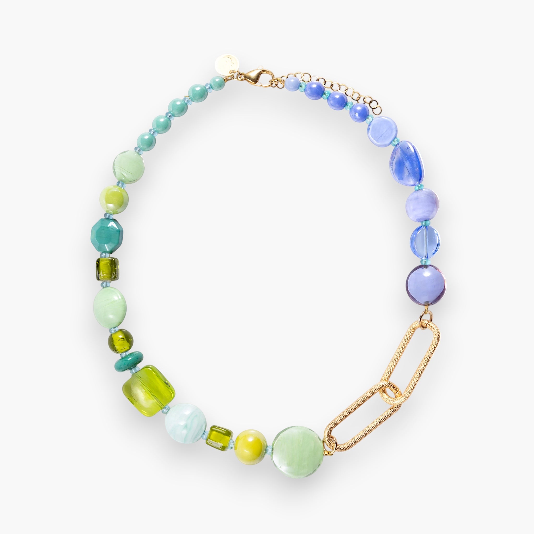 Breeze Murano glass necklace with 18KT Gold Finish over brass, adjustable 18.5 inches with extension, handcrafted in Venice, Italy.