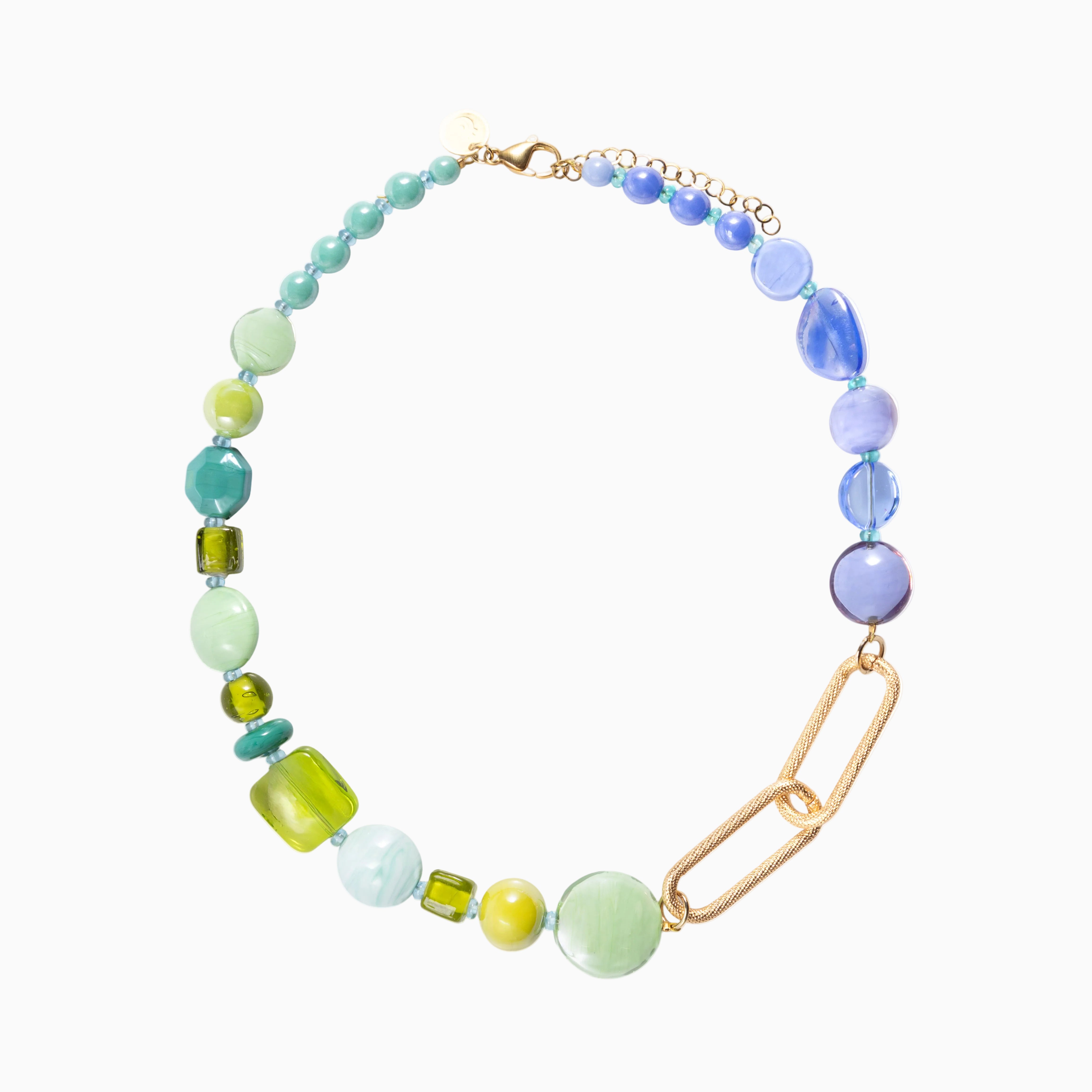 Breeze Murano glass necklace with 18KT Gold Finish over brass, adjustable 18.5 inches with extension, handcrafted in Venice, Italy.