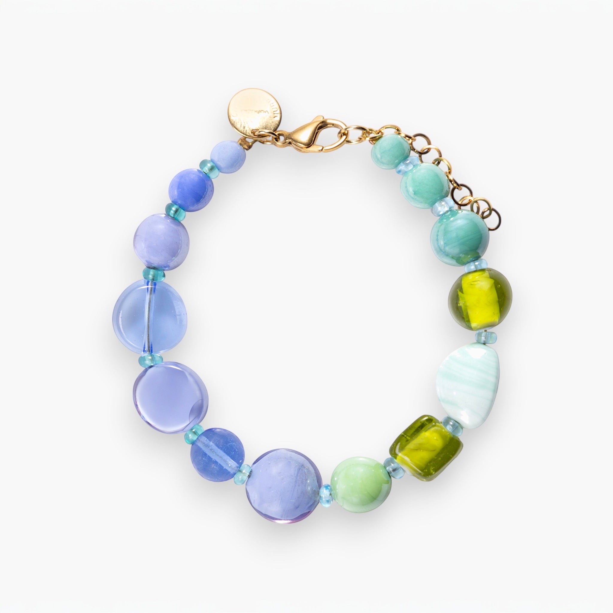 Breeze Murano glass bracelet with 18KT Gold Finish over brass, adjustable 7.5 inches with 1.2 inch extension, handcrafted in Venice, Italy.