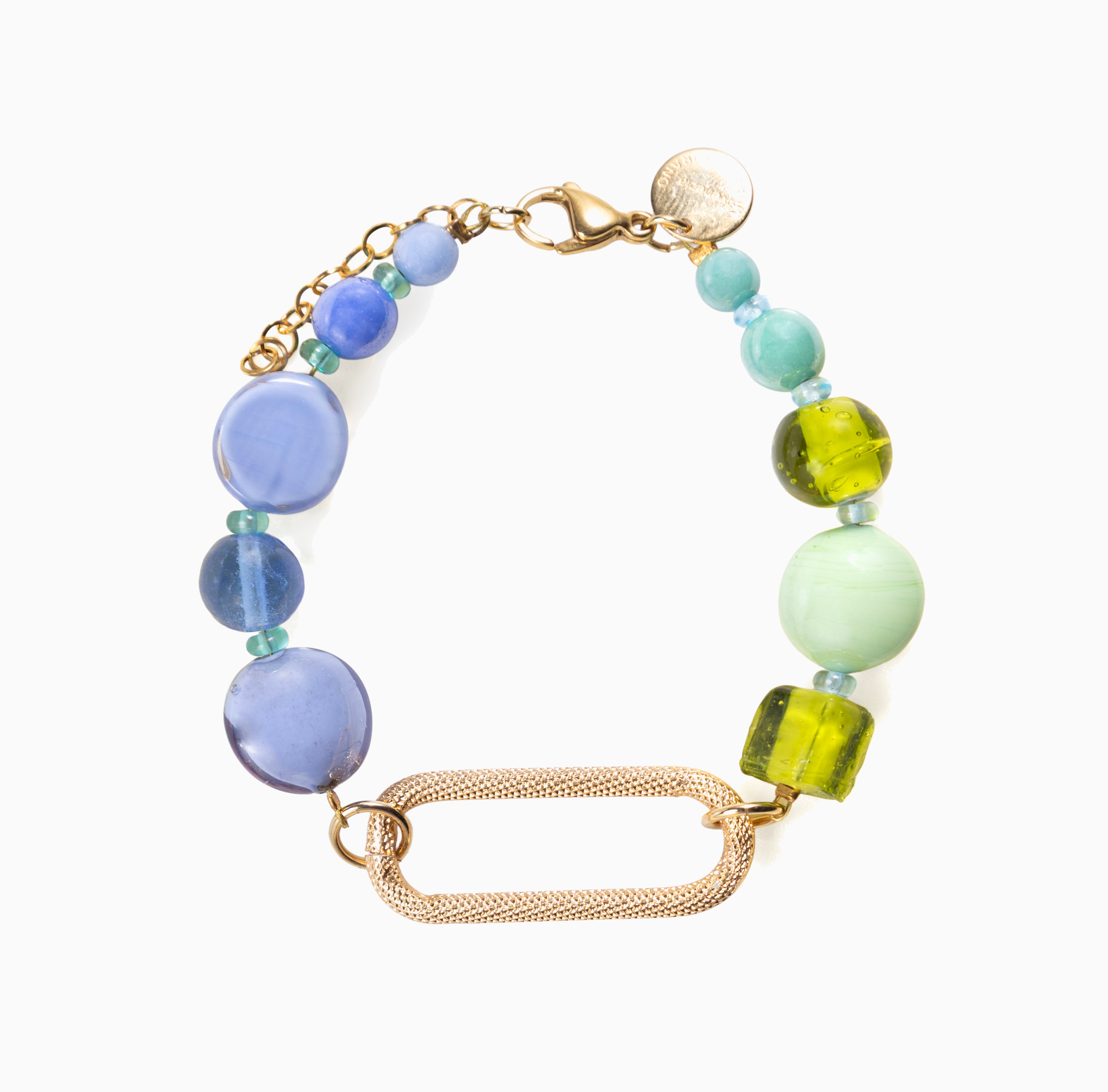 Breeze Murano glass link bracelet with 18KT Gold Finish over brass, steel and aluminum components, adjustable 7 inches with extension, handcrafted in Venice, Italy.