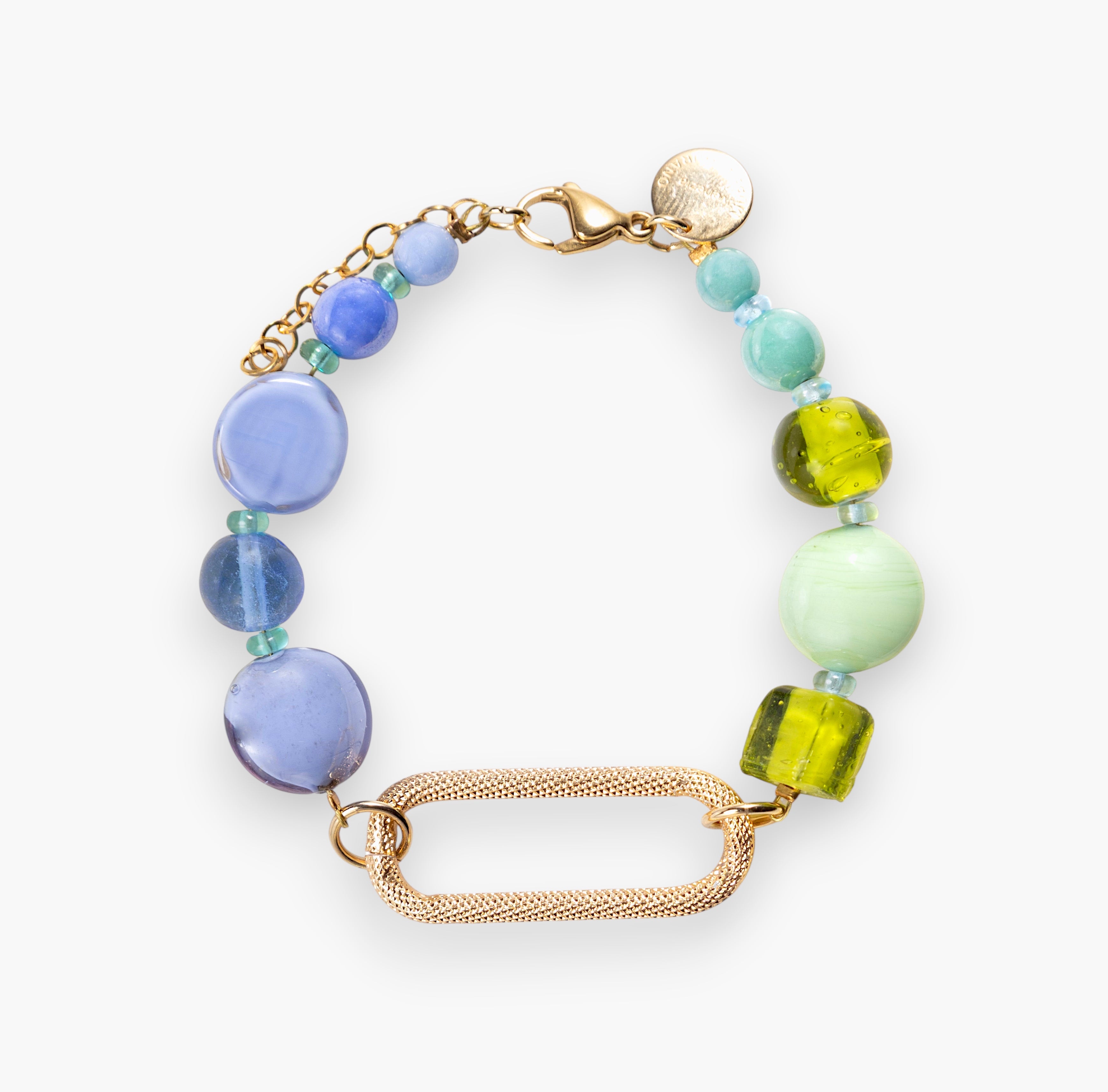 Breeze Murano glass link bracelet with 18KT Gold Finish over brass, steel and aluminum components, adjustable 7 inches with extension, handcrafted in Venice, Italy.