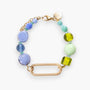 Breeze Murano glass link bracelet with 18KT Gold Finish over brass, steel and aluminum components, adjustable 7 inches with extension, handcrafted in Venice, Italy.