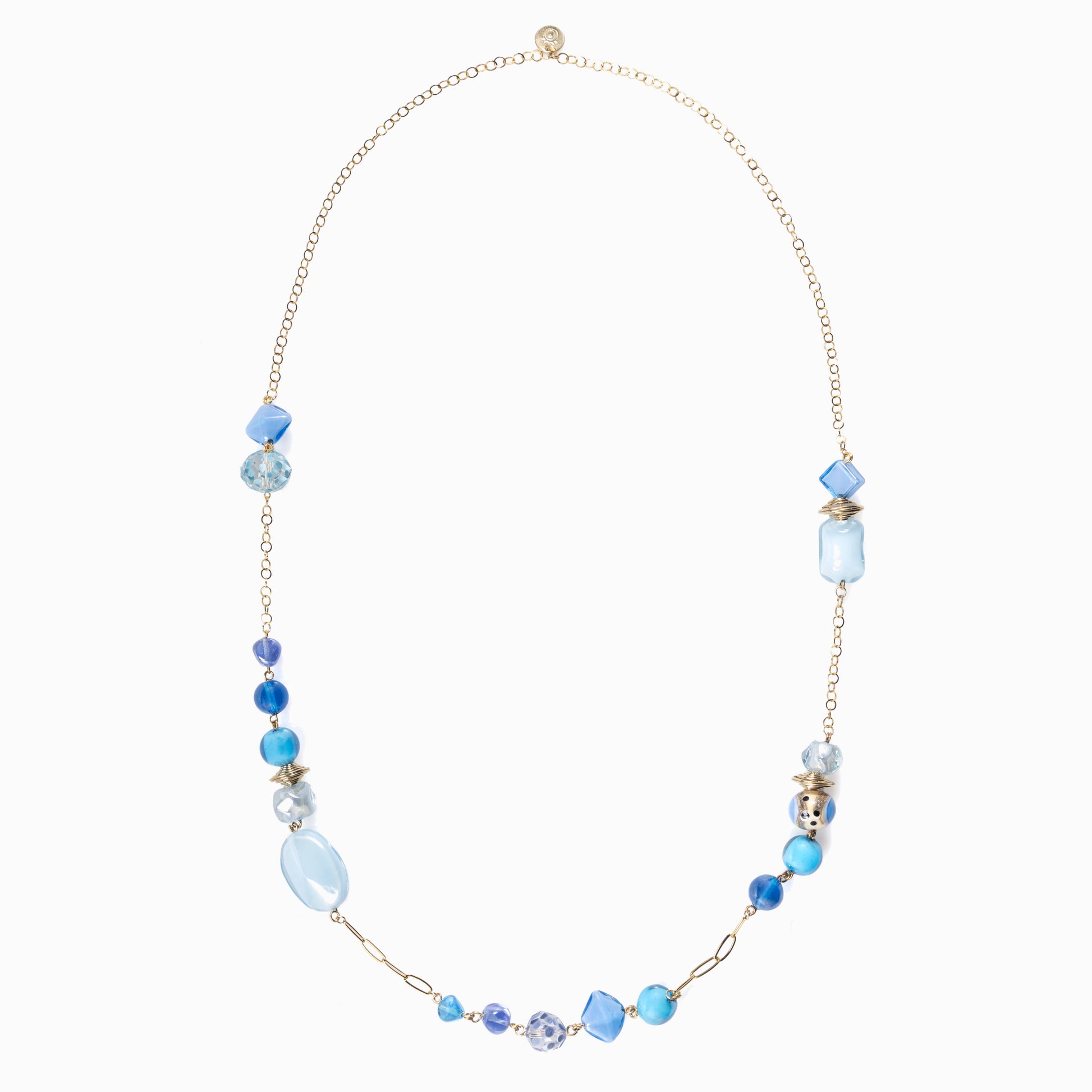 Glow Murano glass long necklace with 18KT Gold Finish over brass, 29 inches, handcrafted in Venice, Italy.