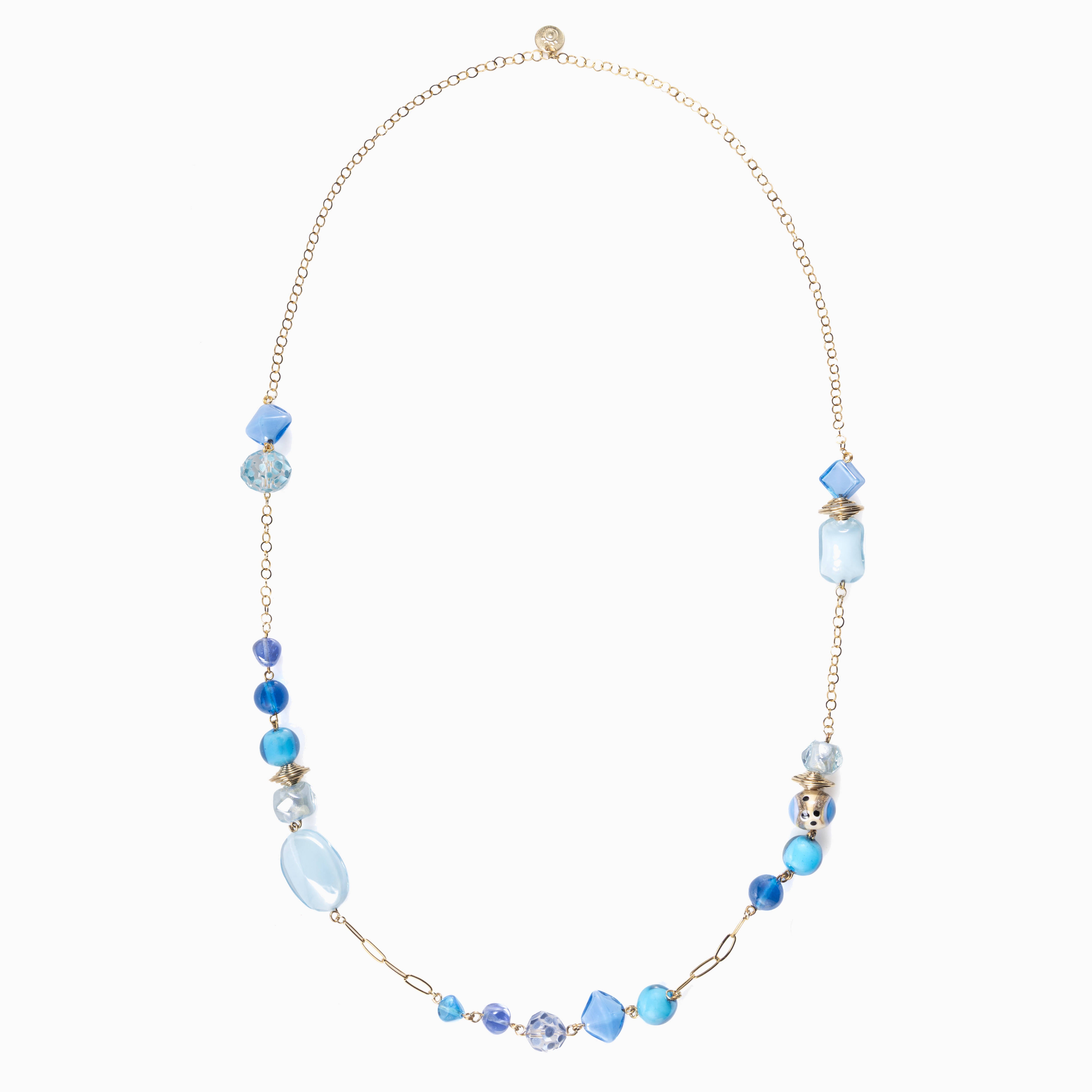 Glow Murano glass long necklace with 18KT Gold Finish over brass, 29 inches, handcrafted in Venice, Italy.