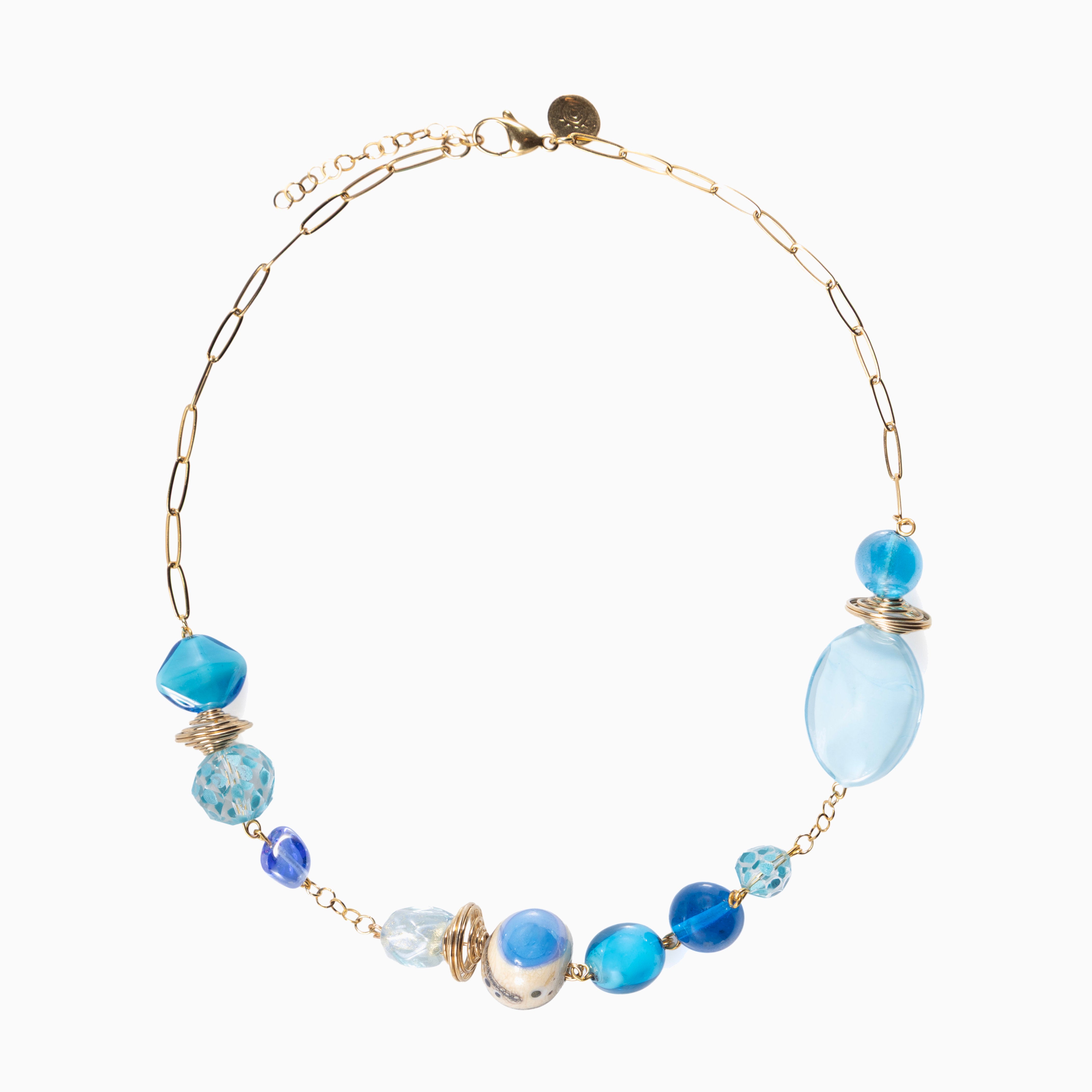 Glow Murano glass necklace with 18KT Gold Finish over brass, adjustable 18 inches plus extension, handcrafted in Venice, Italy.