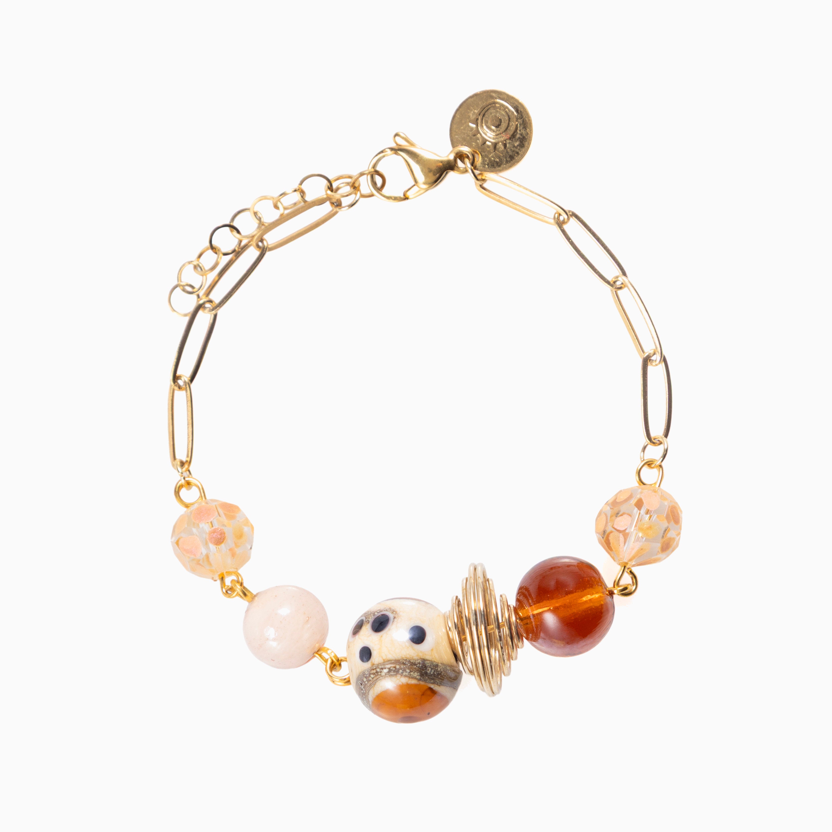 Glow Murano glass bracelet with 18KT Gold Finish over brass, adjustable 7 inches plus extension, handcrafted in Venice, Italy.