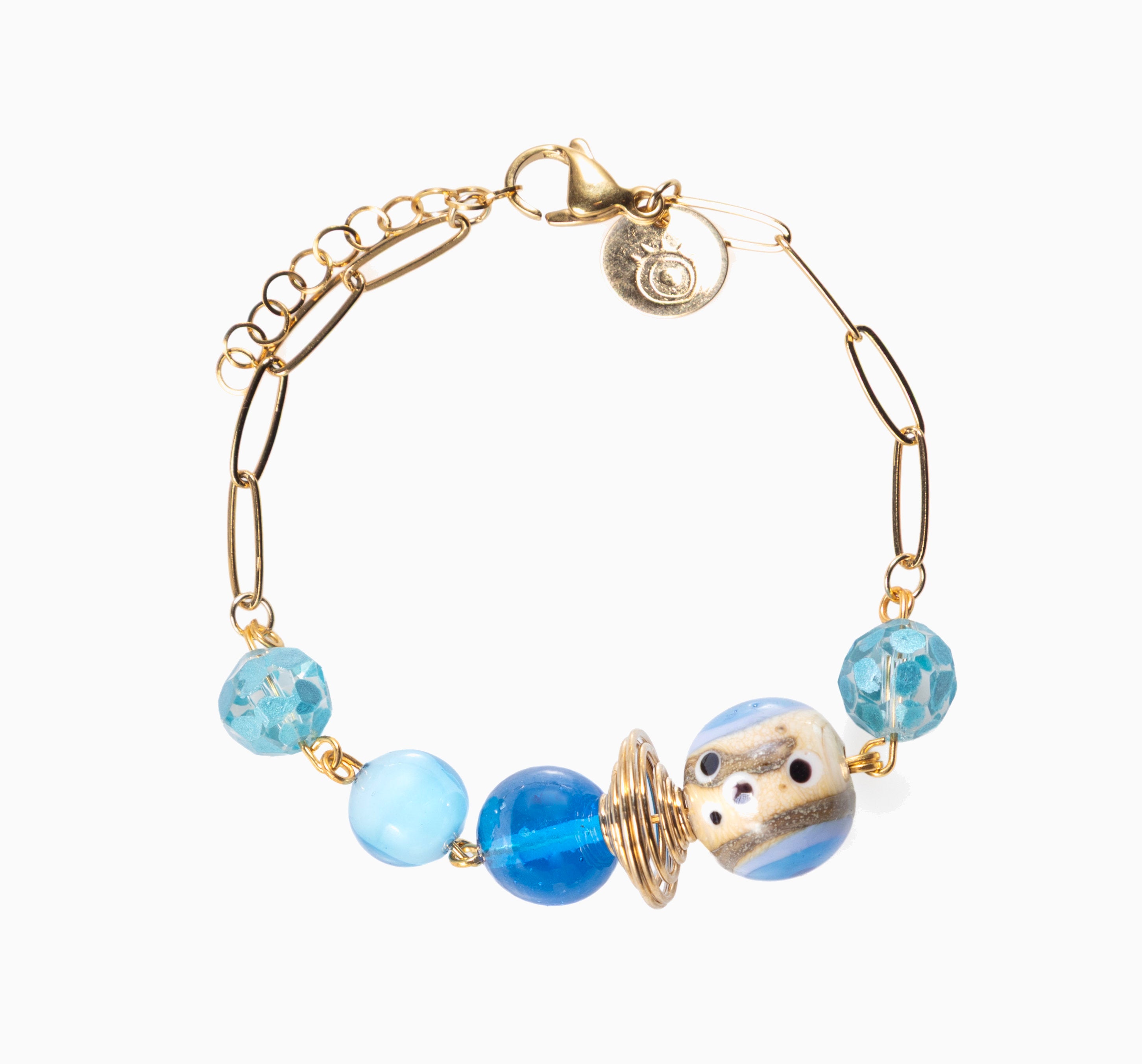 Glow Murano glass bracelet with 18KT Gold Finish over brass, adjustable 7 inches plus extension, handcrafted in Venice, Italy.