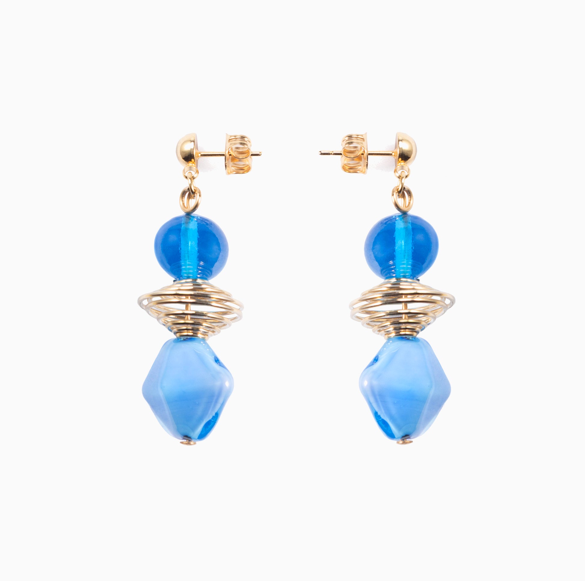 Glow Murano glass drop earrings with 18KT Gold Finish over brass, handcrafted in Venice, Italy, 2 inches length.