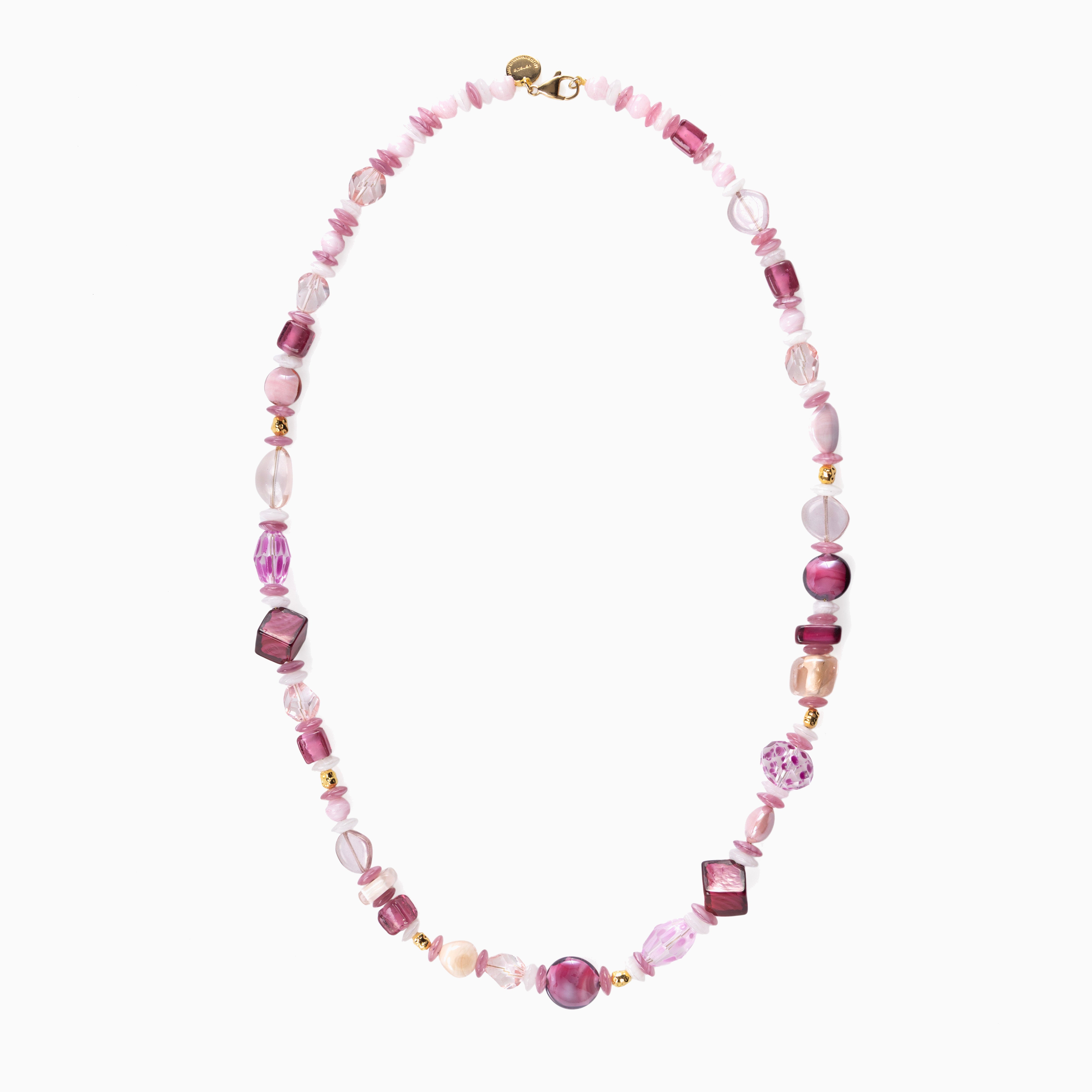 Evoque long Murano glass necklace with brass elements and stainless steel components, 27.5 inches, handcrafted in Venice, Italy.