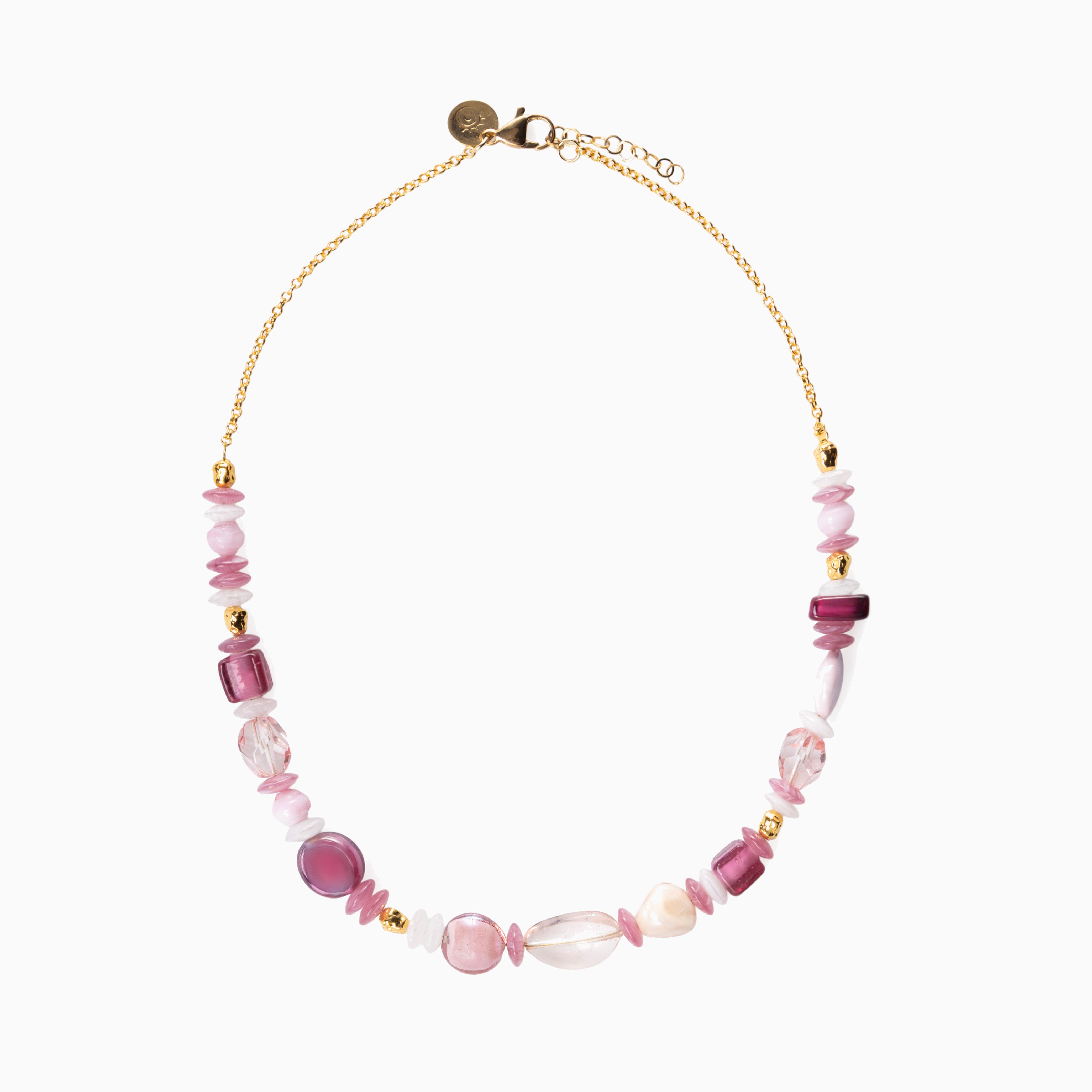Evoque Murano glass easy choker necklace with brass elements and stainless steel components, adjustable 17.75 inches with extension, handcrafted in Venice, Italy.