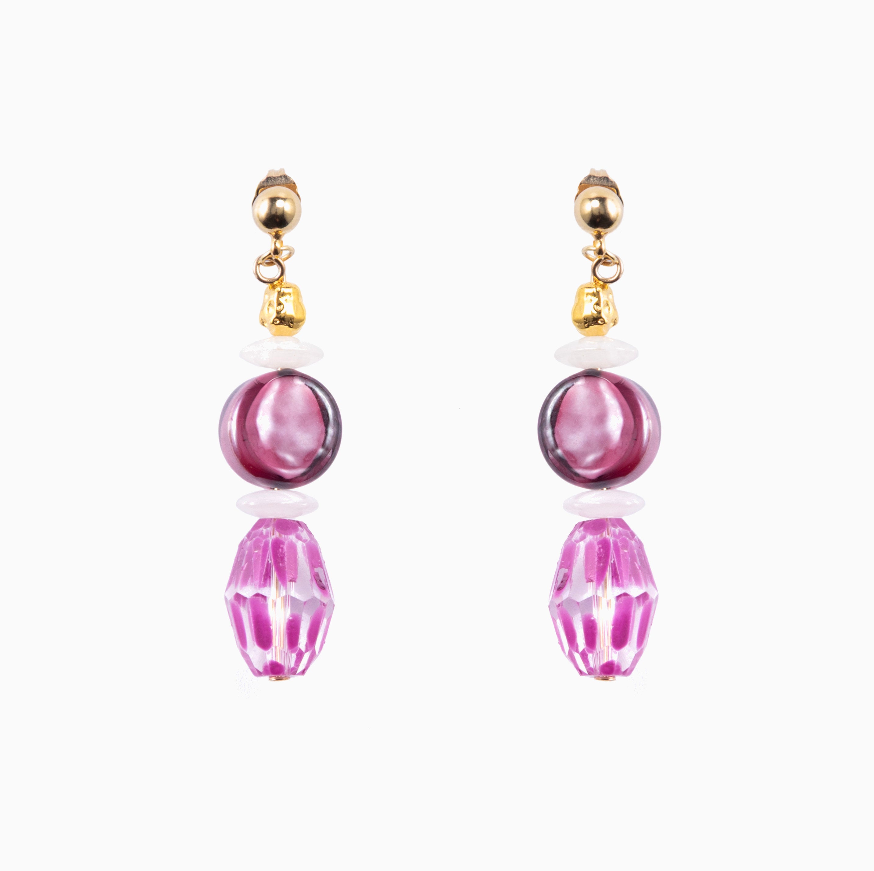 Evoque Collection - Murano Glass earrings with pink beads and gold accents on a white background