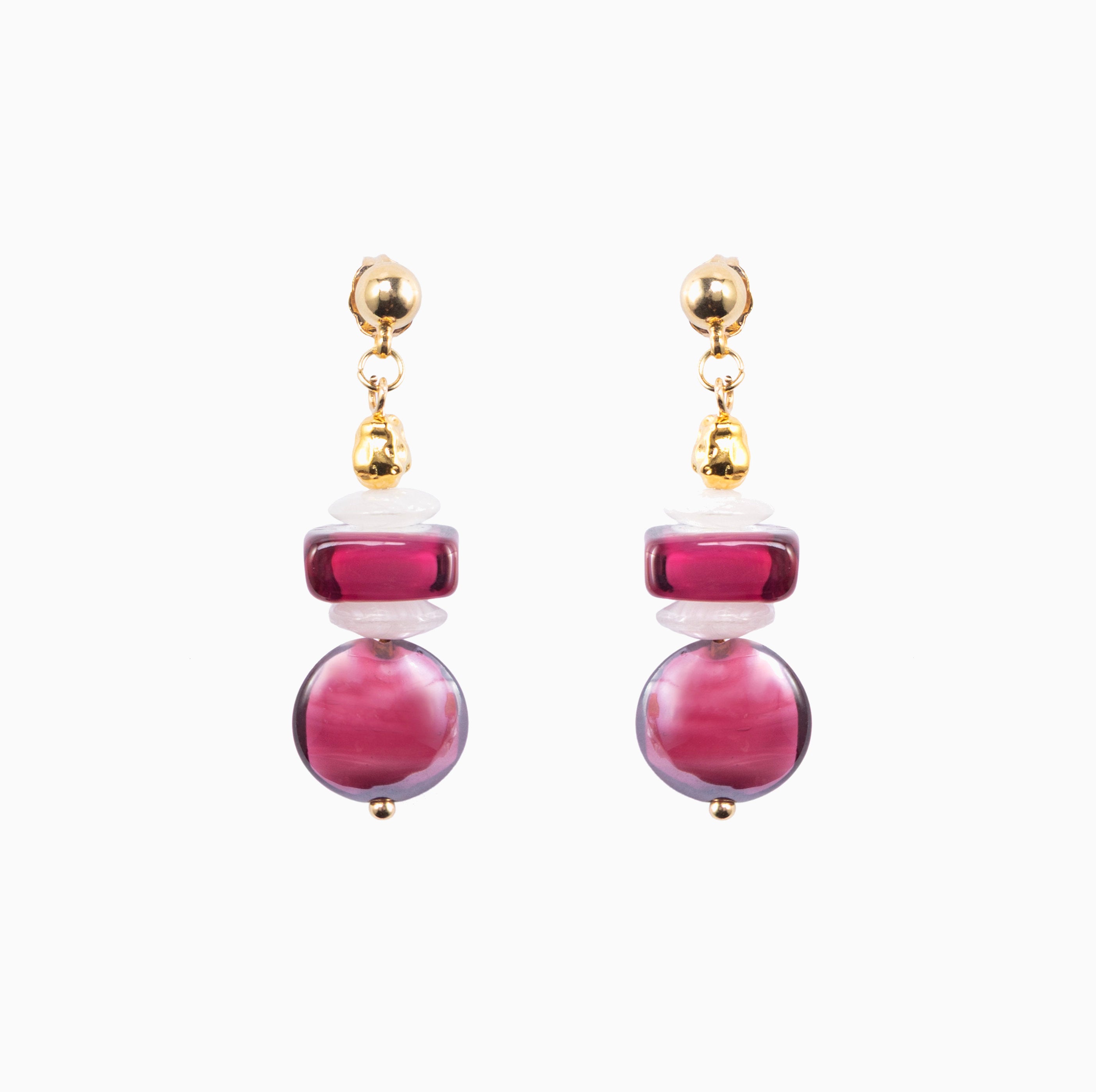 Evoque Collection - Murano Glass earrings with pink and gold components on a white background