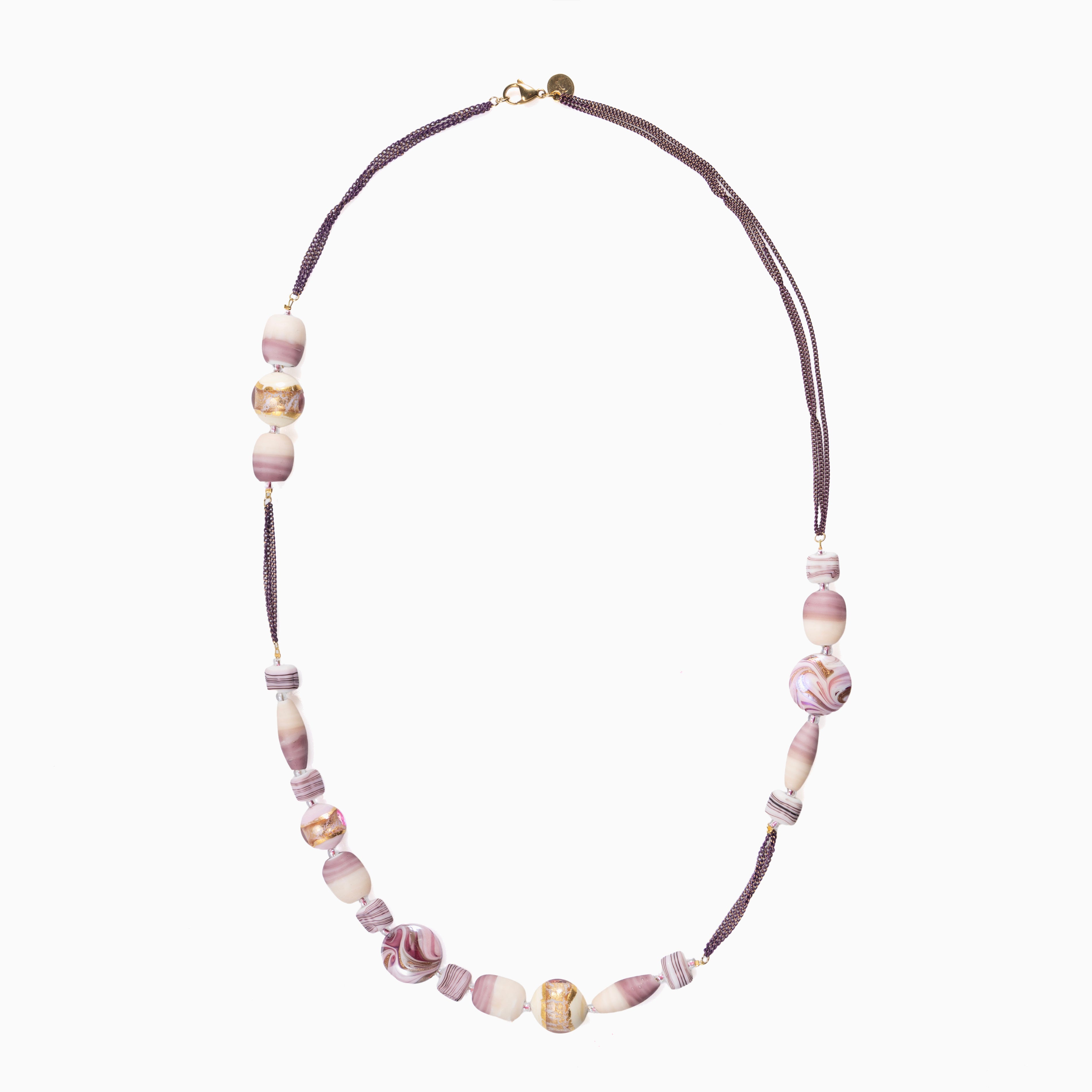 Blush Murano glass opera necklace with 18KT Gold Finish over brass, 31.5 inches long, handcrafted in Venice, Italy.
