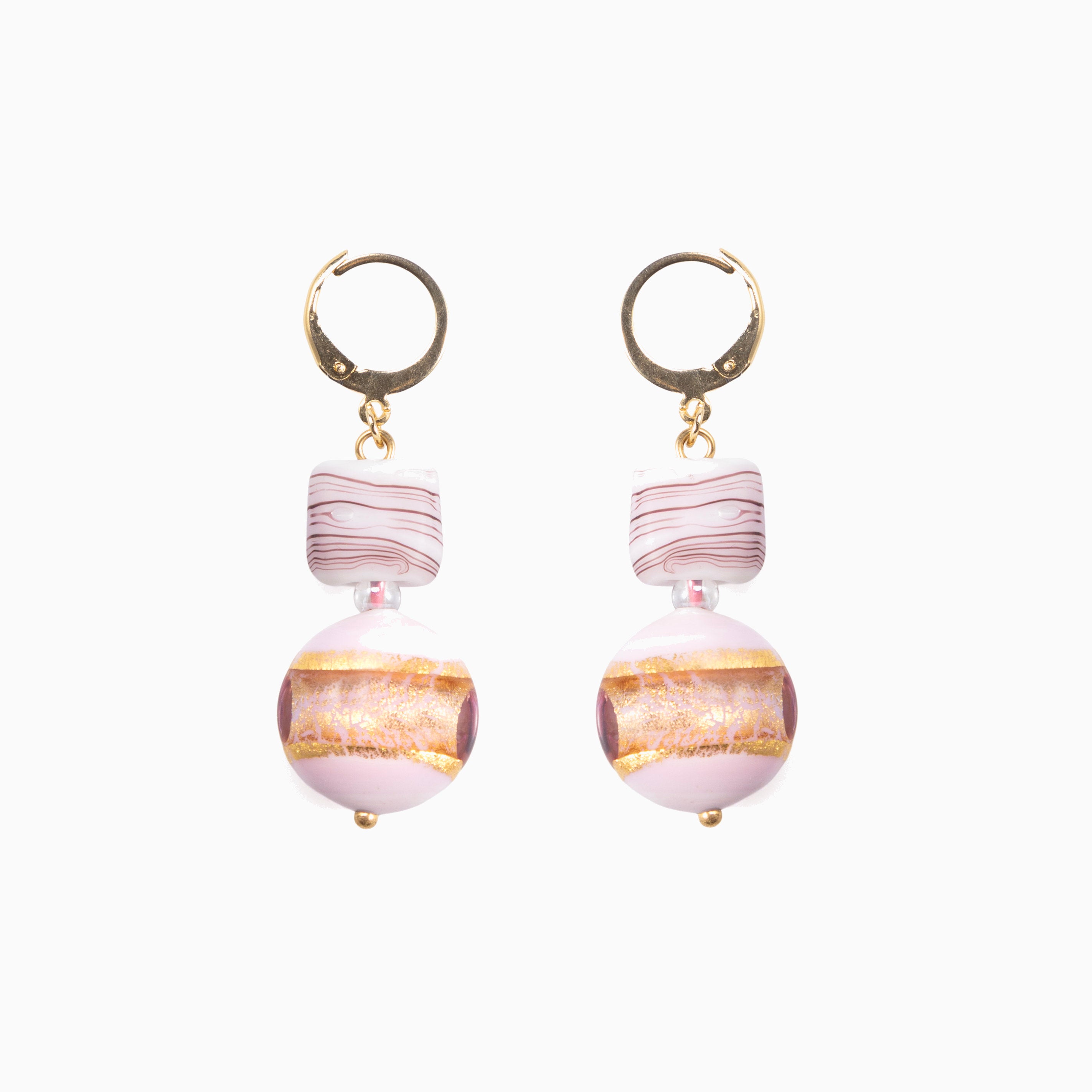 Blush Murano glass drop earrings with 18KT Gold Finish over brass and steel components, 2 inches long, handcrafted in Venice, Italy.