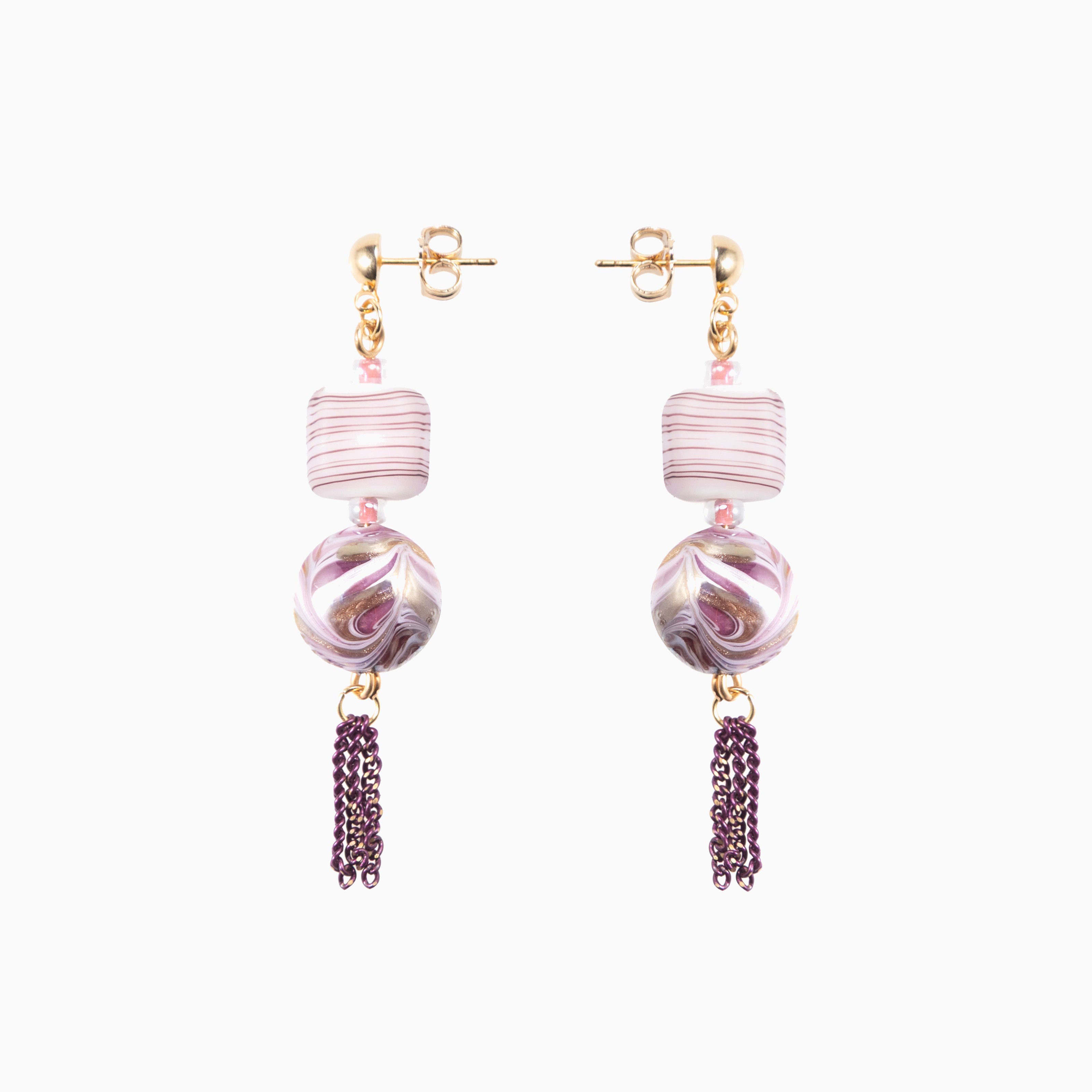 Blush Murano glass drop earrings with chain detail, 18KT Gold Finish over brass, 2.4 inches length, handcrafted in Venice, Italy.