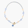 MurrinaMurano.us Trace Choker Necklace in blue Murano Glass with pale stone accents, gold-toned metal detailing, and a central glass pendant. Handcrafted in Italy.