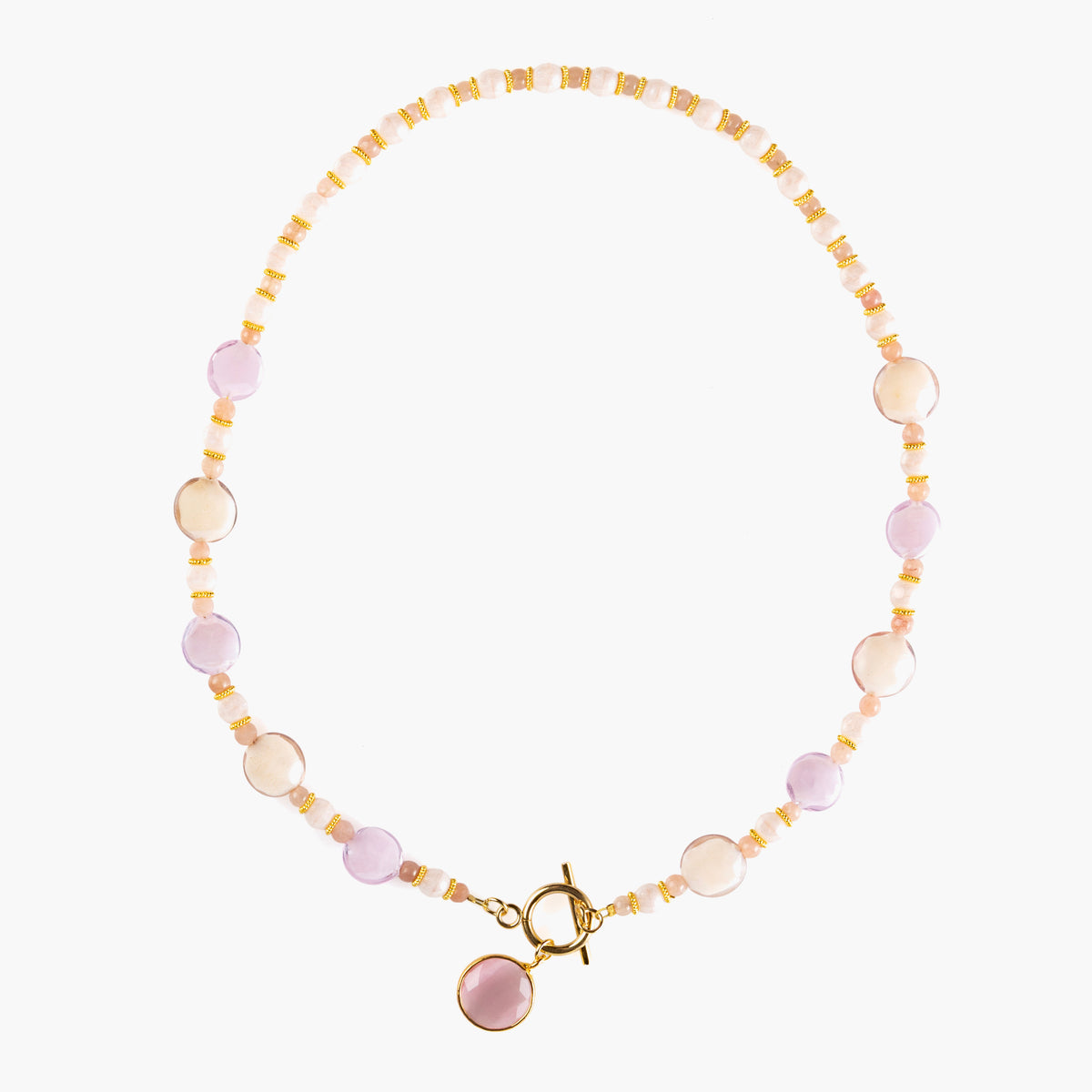MurrinaMurano.us Trace Choker Necklace in soft pink Murano Glass with pale stone accents, gold-finished details, and a central pink glass pendant. Handcrafted in Italy.