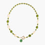 MurrinaMurano.us green Trace Choker Necklace with translucent Murano Glass beads, light stone accents, gold spacer rings, and a decorative toggle clasp. Handcrafted in Italy.