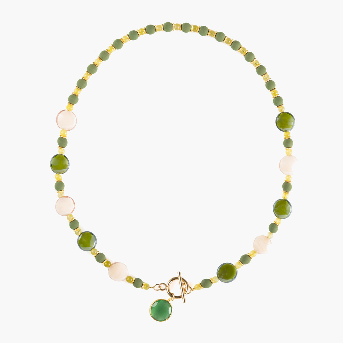 MurrinaMurano.us green Trace Choker Necklace with translucent Murano Glass beads, light stone accents, gold spacer rings, and a decorative toggle clasp. Handcrafted in Italy.