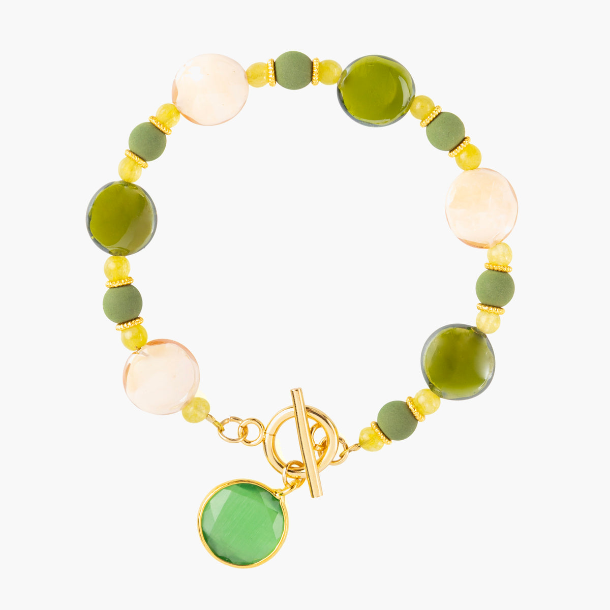MurrinaMurano.us Trace Bracelet with green Murano Glass beads, pale stone accents, gold-finished spacer details, and a faceted green glass pendant. Handcrafted in Italy.