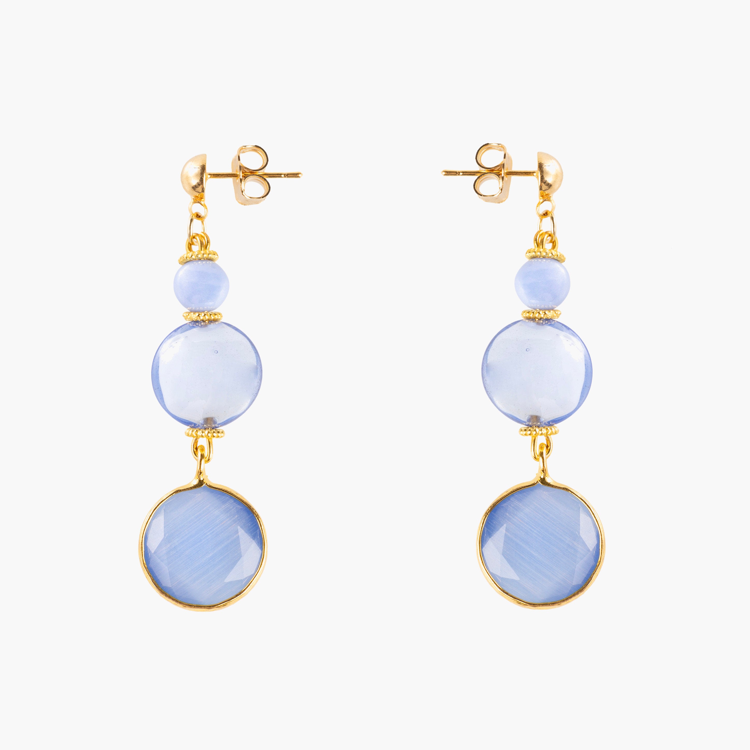 MurrinaMurano.us Trace Drop Earrings in soft blue Murano Glass with rounded glass elements, faceted blue pendants, and 18KT gold-finished details. Handcrafted in Italy.