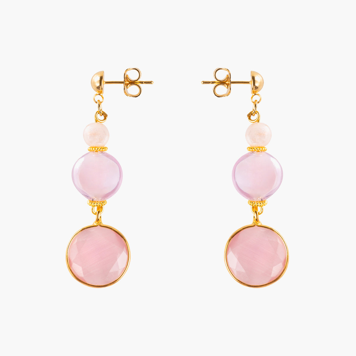 MurrinaMurano.us Trace Drop Earrings in soft pink Murano Glass, with rounded glass beads, faceted pink pendants, and delicate gold-finished spacer details. Handcrafted in Italy.