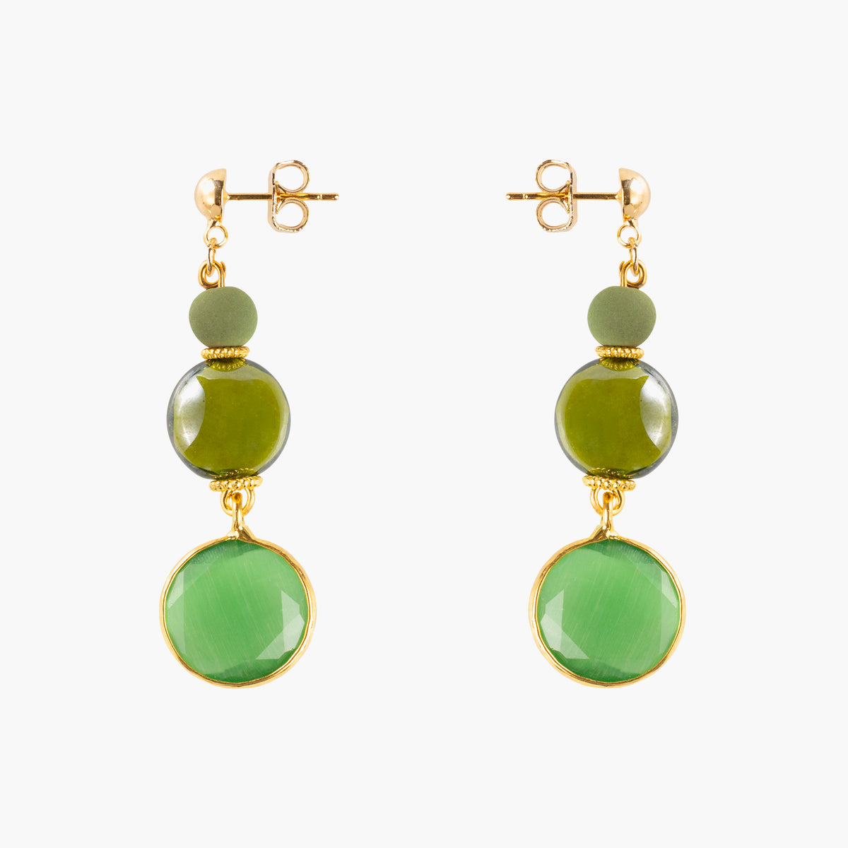 MurrinaMurano.us Trace Drop Earrings in green Murano Glass with rounded glass elements, faceted green pendants, and 18KT gold-finished details. Handcrafted in Italy.