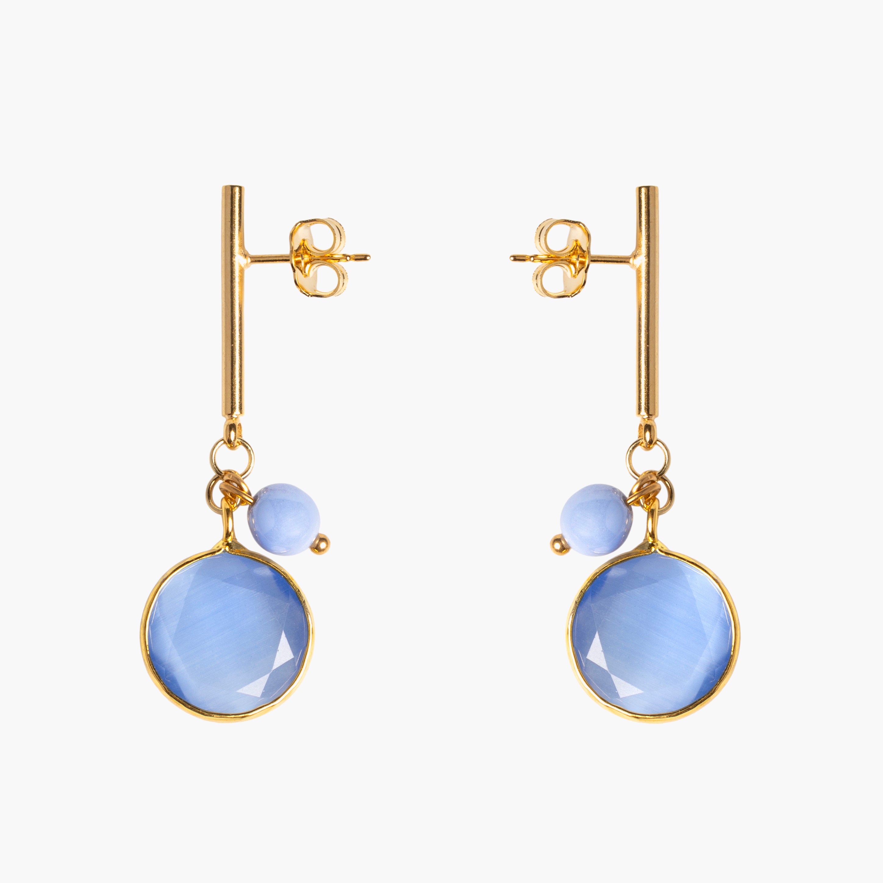 MurrinaMurano.us Trace Easy Drop Earrings in blue Murano Glass, featuring a faceted round glass pendant and 18KT gold-finished details. Handcrafted in Italy.