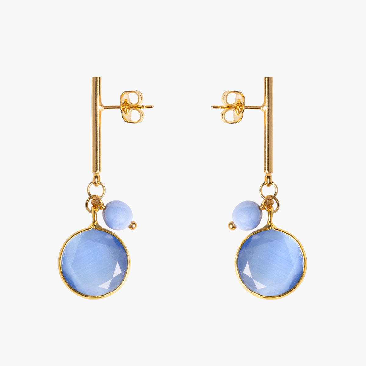 MurrinaMurano.us Trace Easy Drop Earrings in blue Murano Glass, featuring a faceted round glass pendant and 18KT gold-finished details. Handcrafted in Italy.