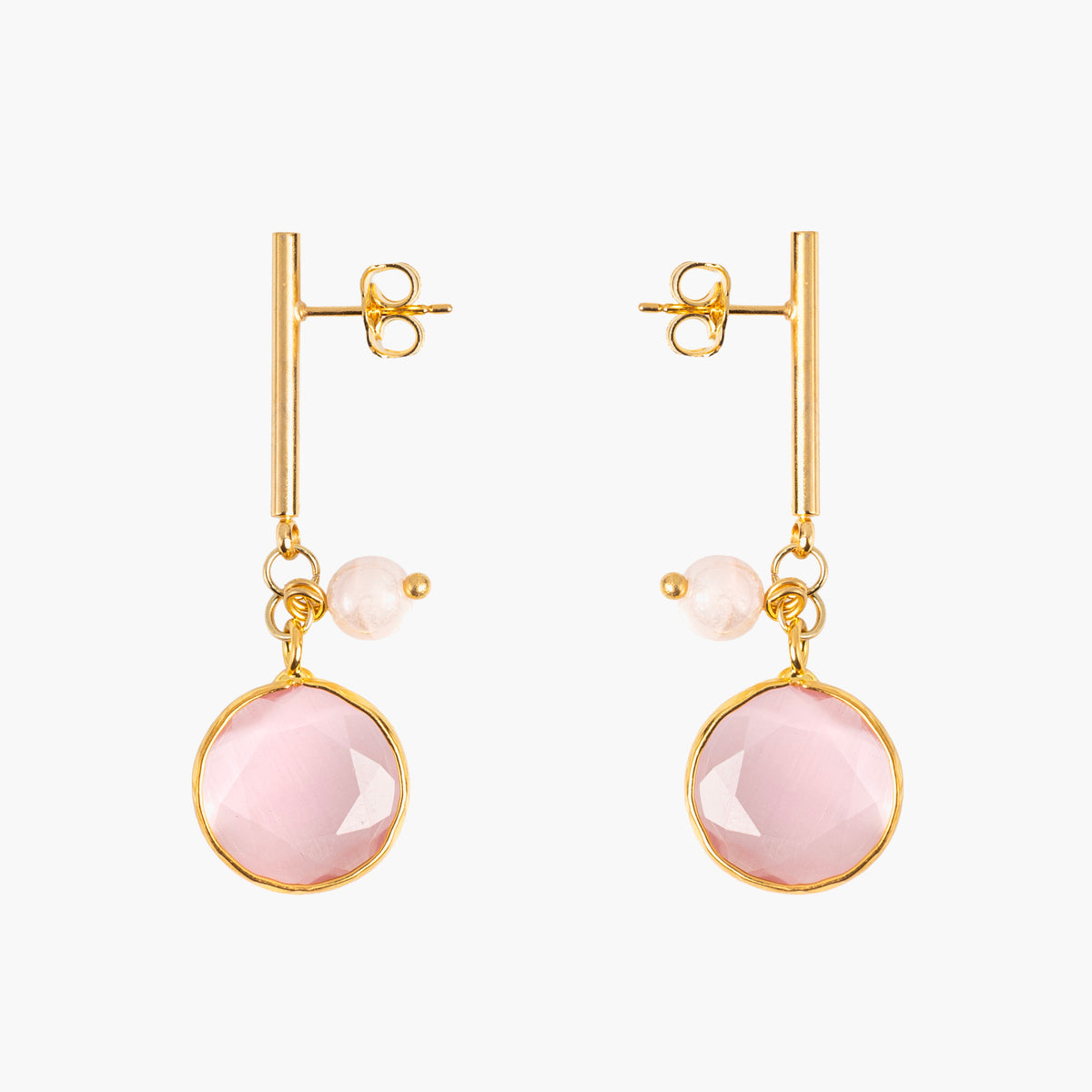 MurrinaMurano.us Trace Easy Drop Earrings in pink Murano Glass with a faceted round pendant, slender gold-finished bar, and delicate glass accent. Handcrafted in Italy.