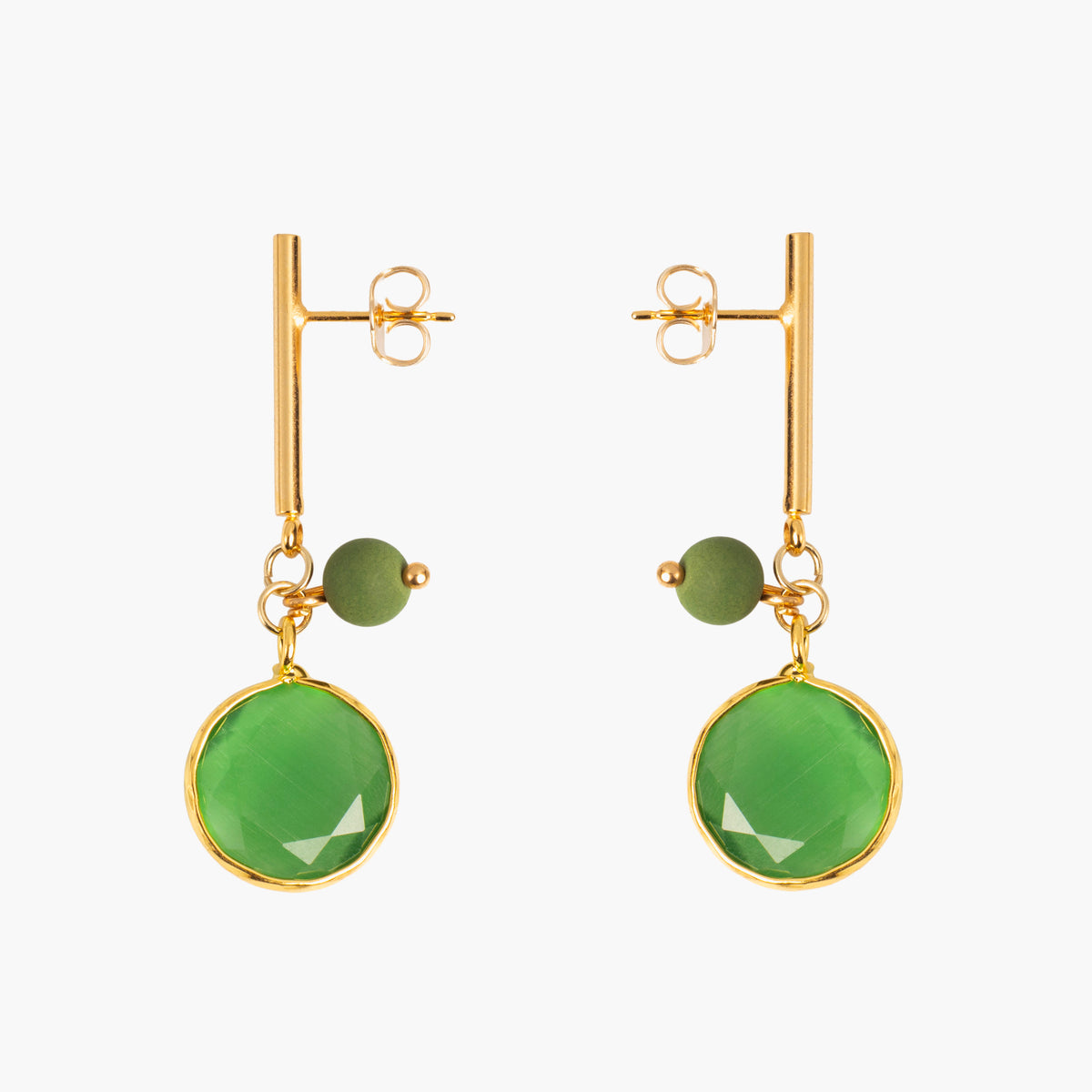 MurrinaMurano.us Trace Easy Drop Earrings in green Murano Glass with faceted round pendants and 18KT gold-finished details. Handcrafted in Italy.