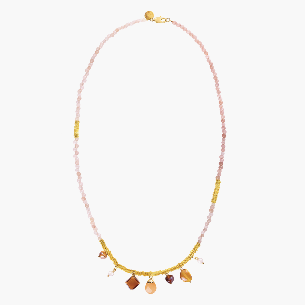 Veil Long Necklace with pale pink Murano Glass beads, 18KT Gold Finish over brass details, and hard stone accents, handcrafted in Italy.