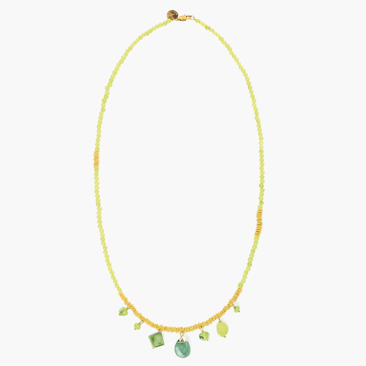 Veil Long Necklace with lime green Murano Glass beads, 18KT Gold Finish over brass details, and hard stone accents, handcrafted in Italy.