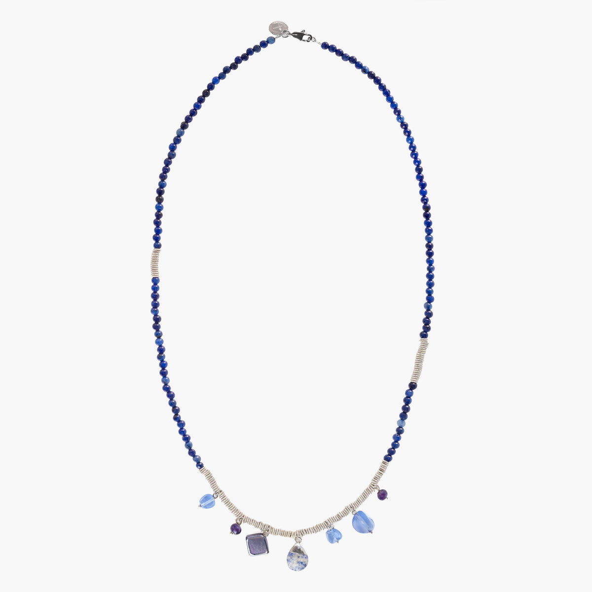 Veil Long Necklace with deep blue Murano Glass beads, silver color finished brass and stainless steel details, and blue hard stone accents, handcrafted in Italy.
