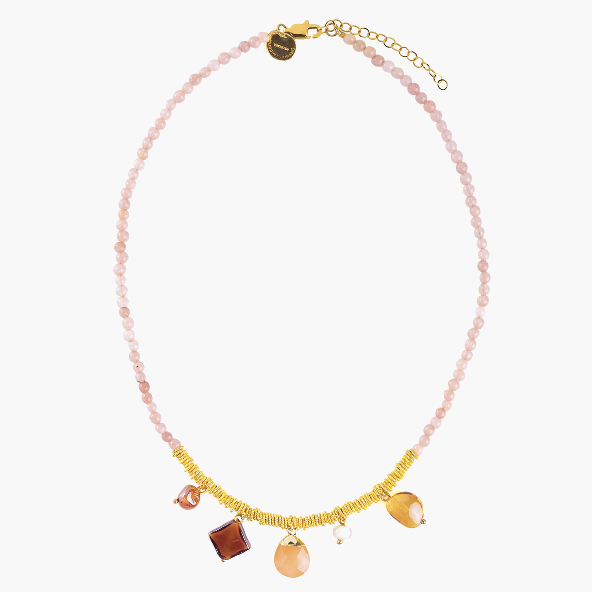 Veil Choker Necklace with pink Murano Glass beads, orange and amber glass accents, and 18KT gold-finished details. Handcrafted in Italy.