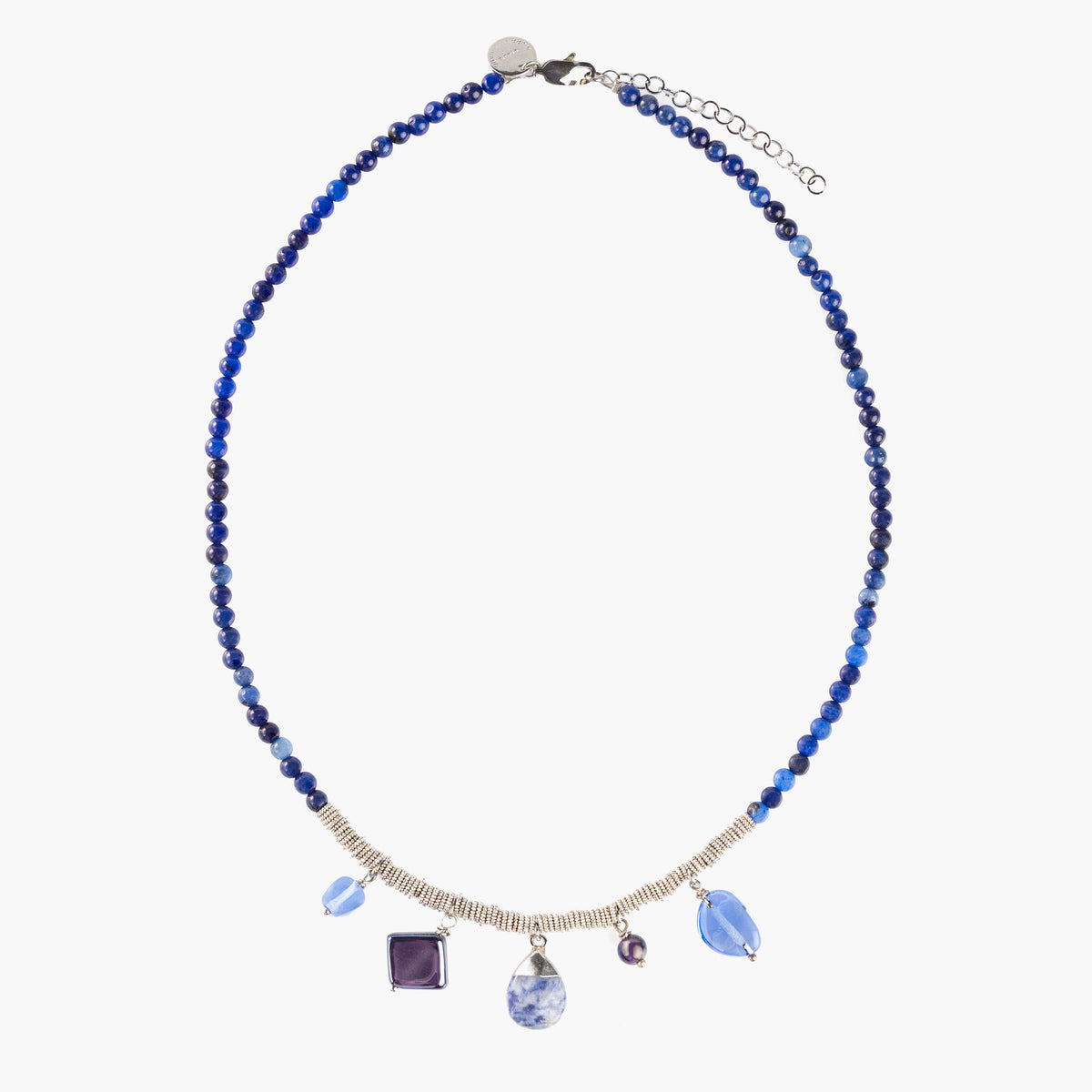 MurrinaMurano.us Veil Choker Necklace in blue Murano Glass with blue and purple pendant accents and silver-finished details. Handcrafted in Italy.