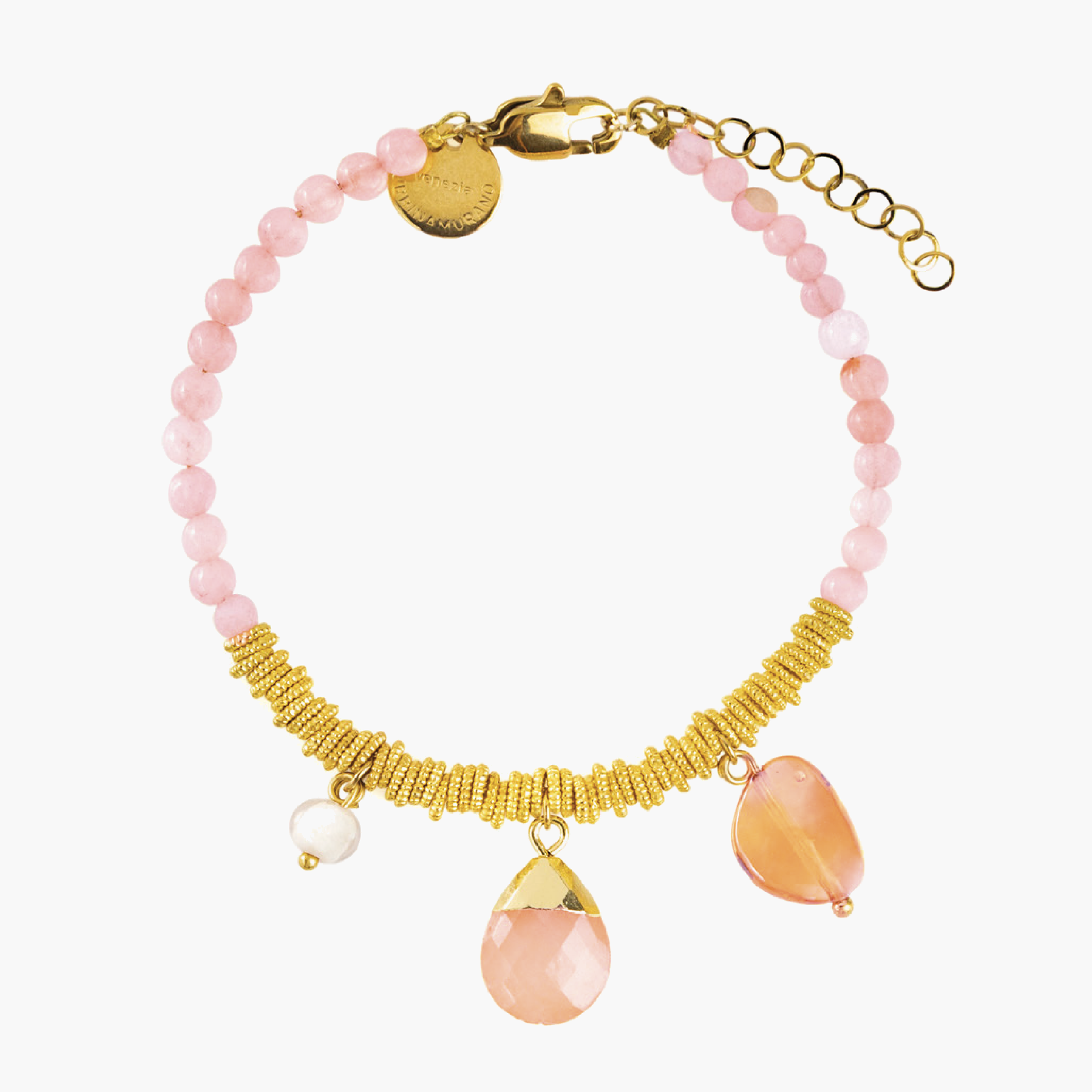 Veil Bracelet with pink Murano Glass beads, orange glass pendants, and 18KT gold-finished details. Handcrafted in Italy.