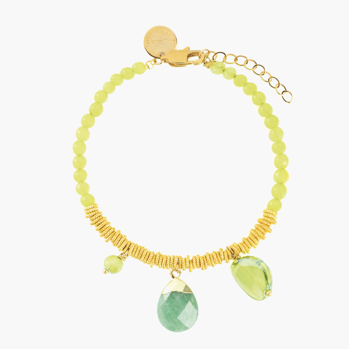  Veil Bracelet in green Murano Glass with sculptural glass pendants and 18KT gold-finished details. Handcrafted in Italy.