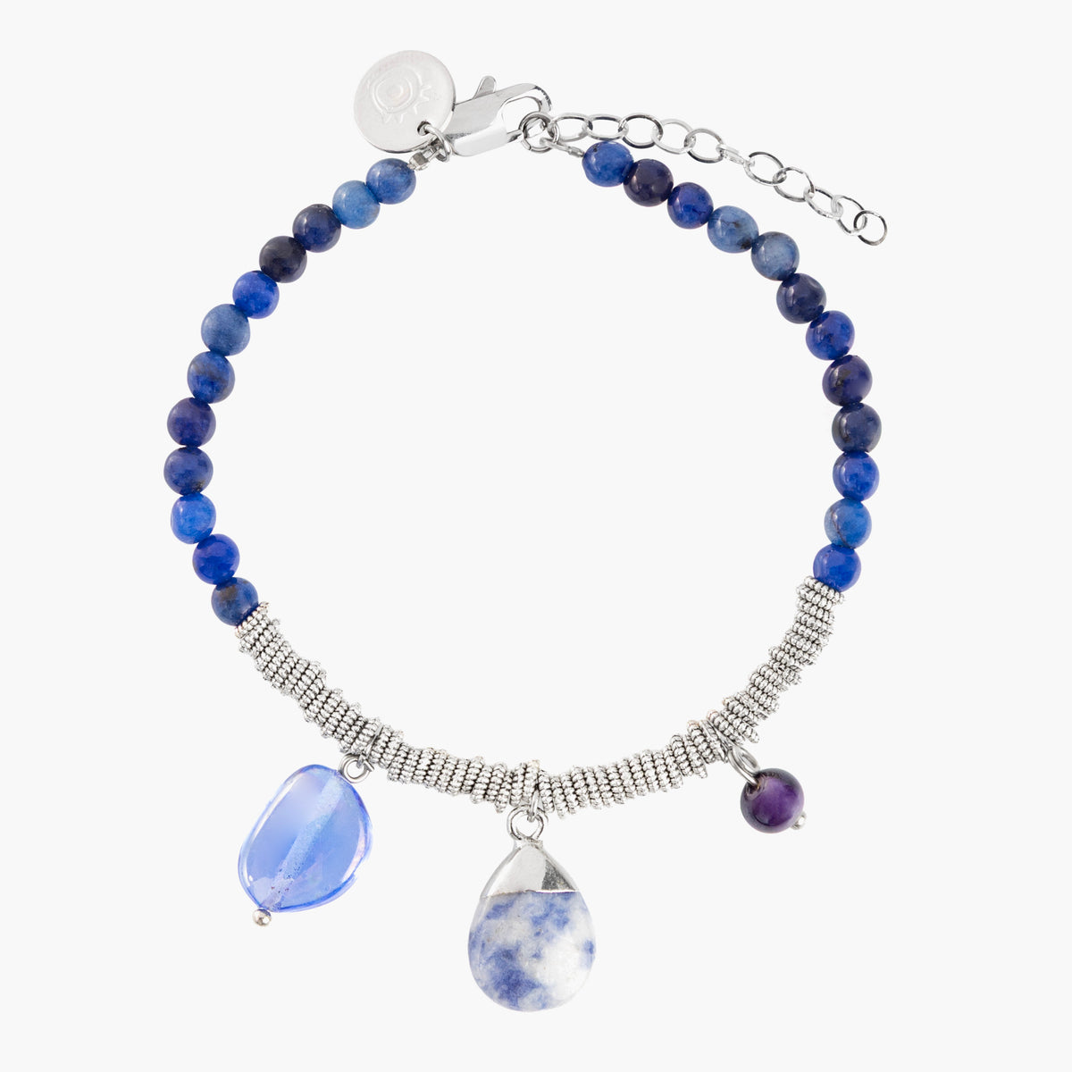 Veil Bracelet in blue Murano Glass with blue and purple glass pendants and silver-toned details. Handcrafted in Italy.