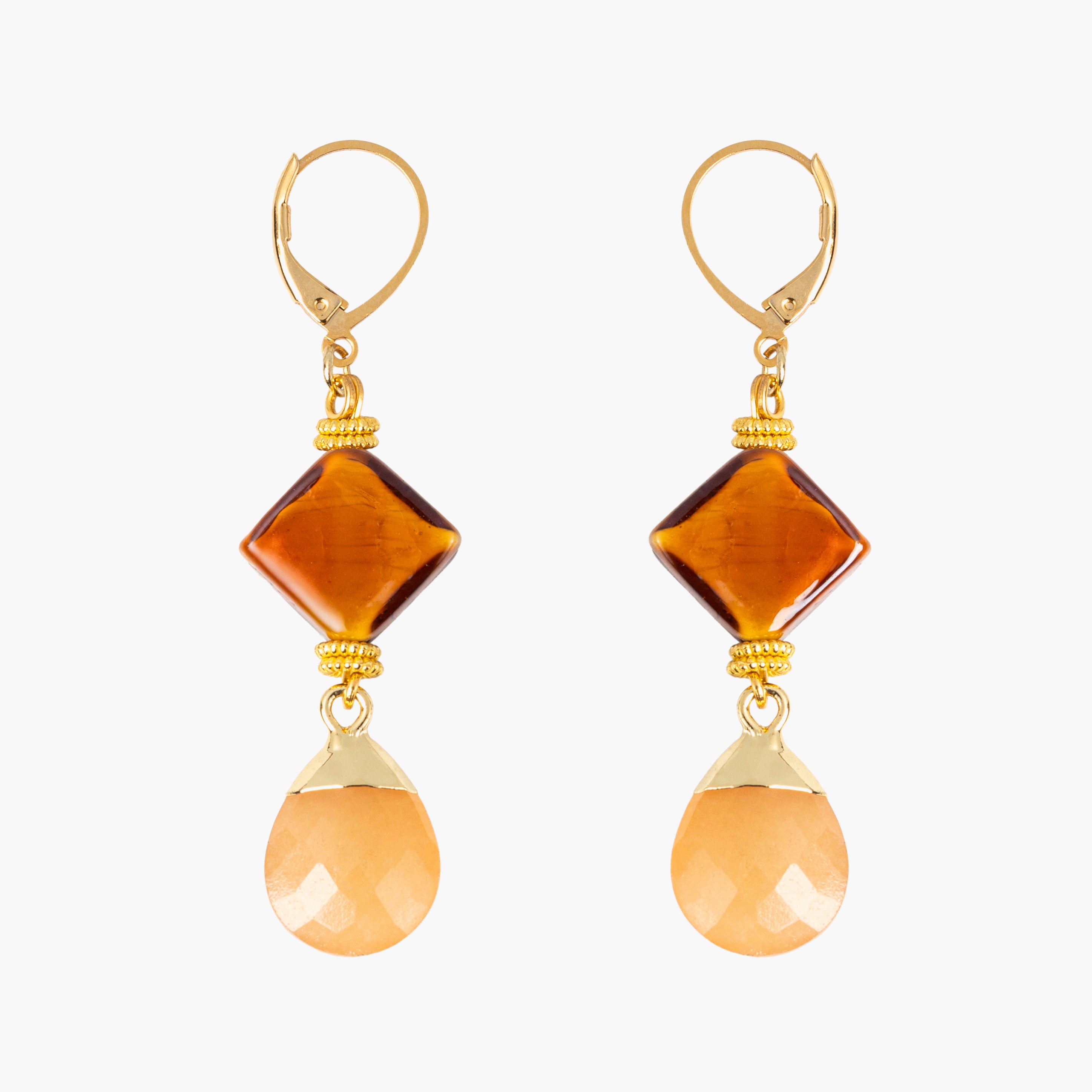 Veil Murano glass drop earrings with orange geometric glass beads and peach faceted stone drops. Handcrafted in Italy.